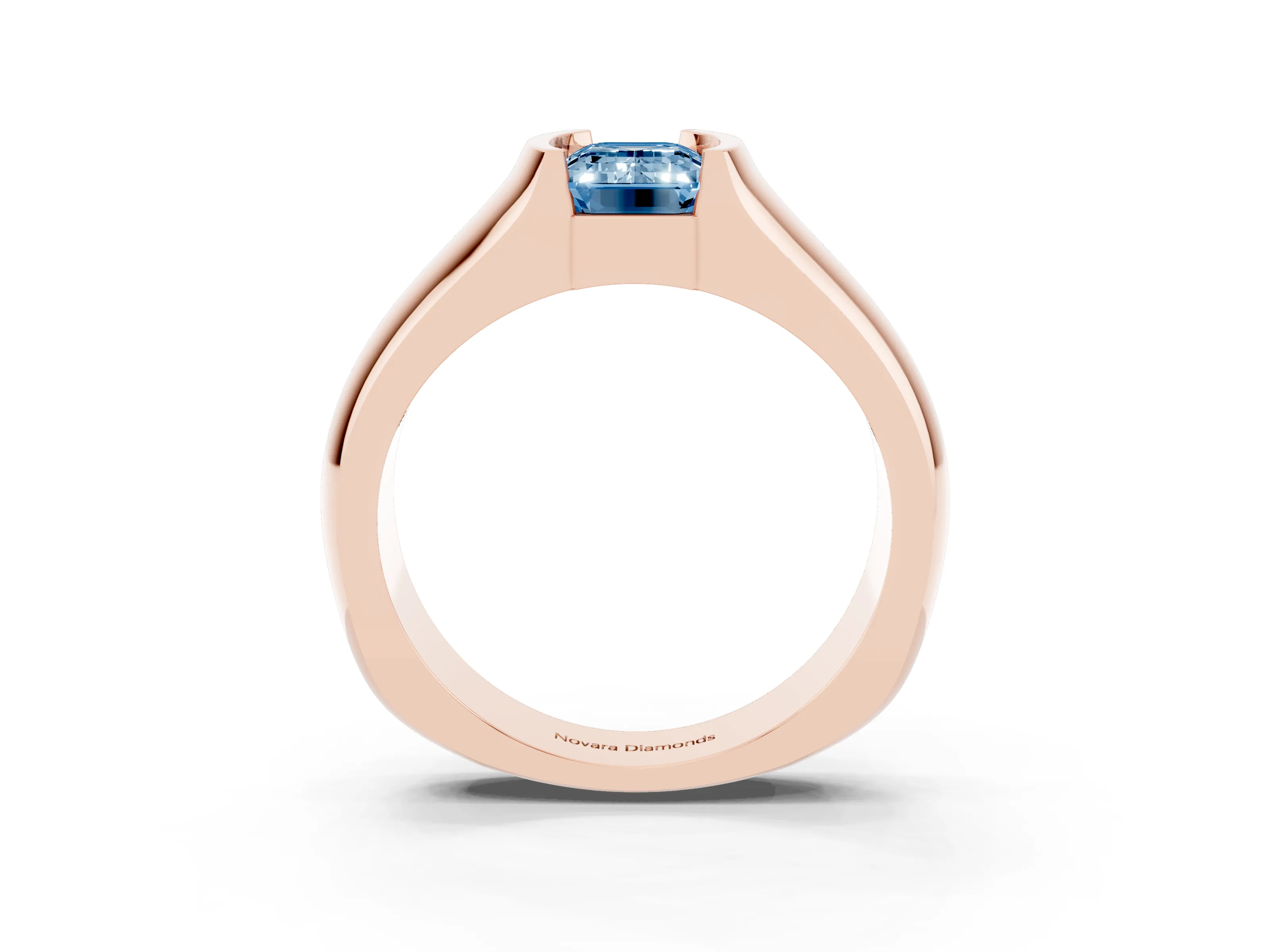 Fancy Blue Emerald Cut Diamond Bezel Solitaire Ring Set in Rose gold with Wide Band