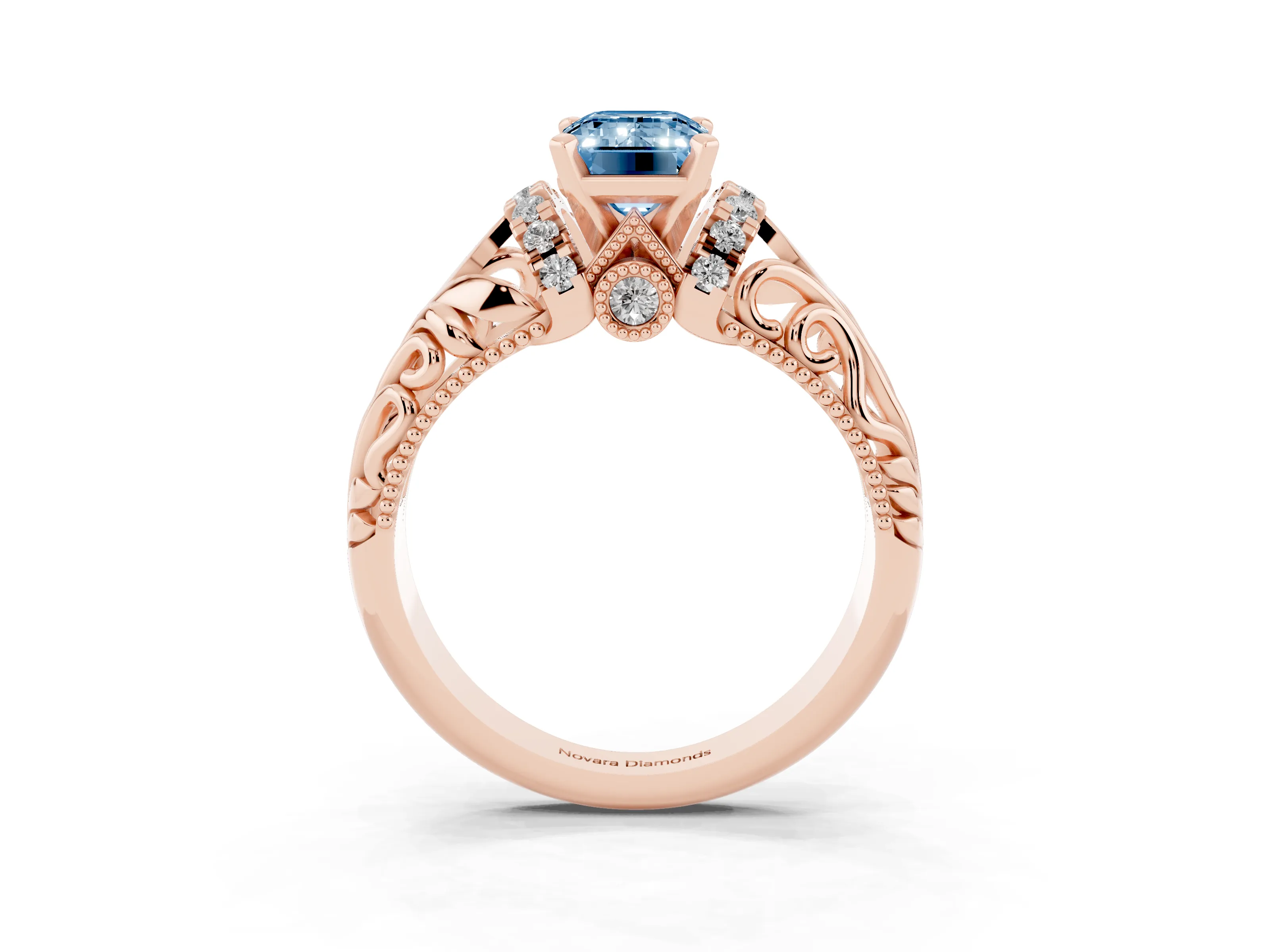 Fancy Blue Emerald Cut Diamond Filigree Halo Engagement Ring Set in Rose gold with Prong Setting