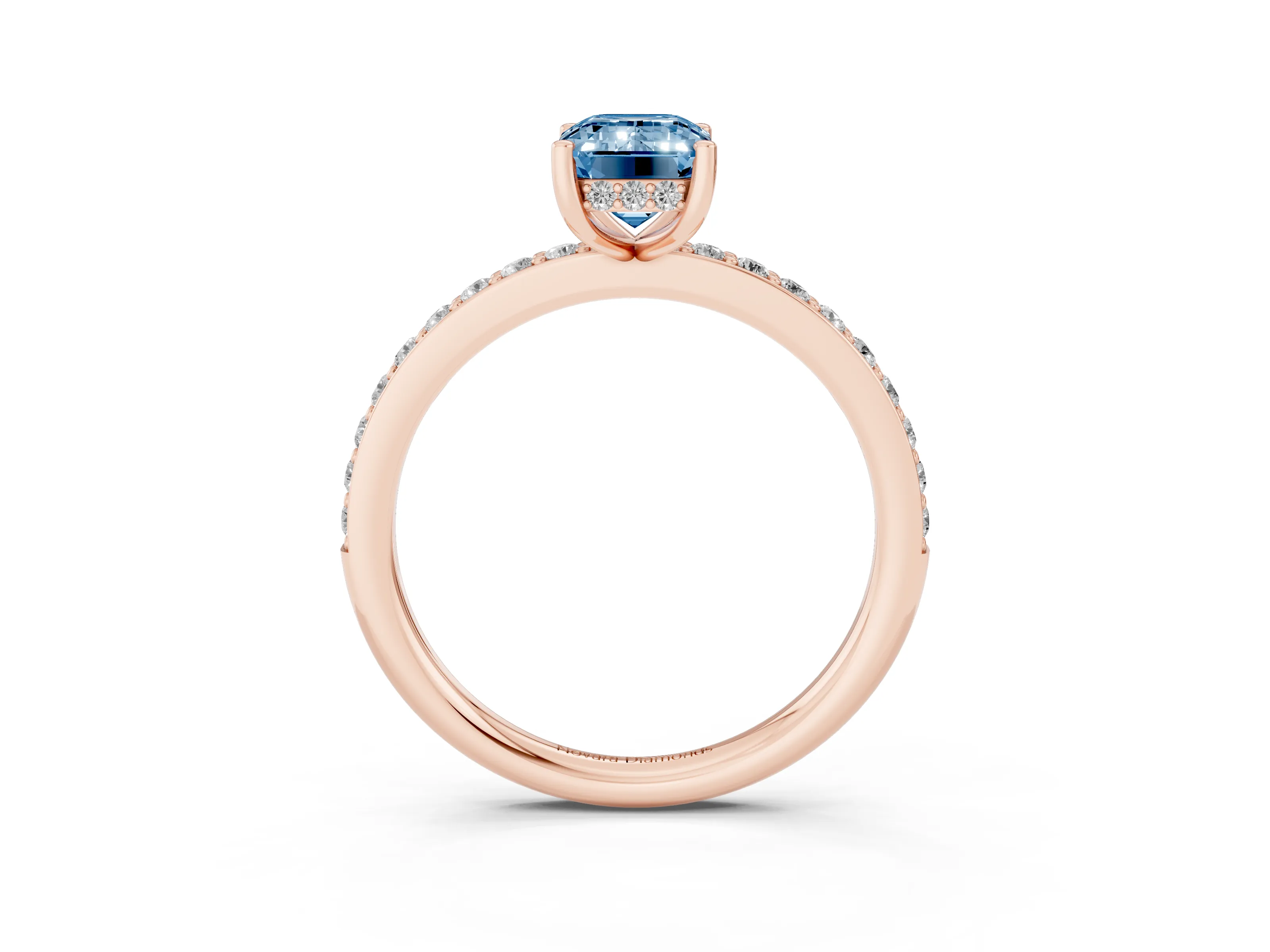Fancy Blue Emerald Cut Diamond Pavé Band Ring Set in Rose gold with Prong-Set Center Stone