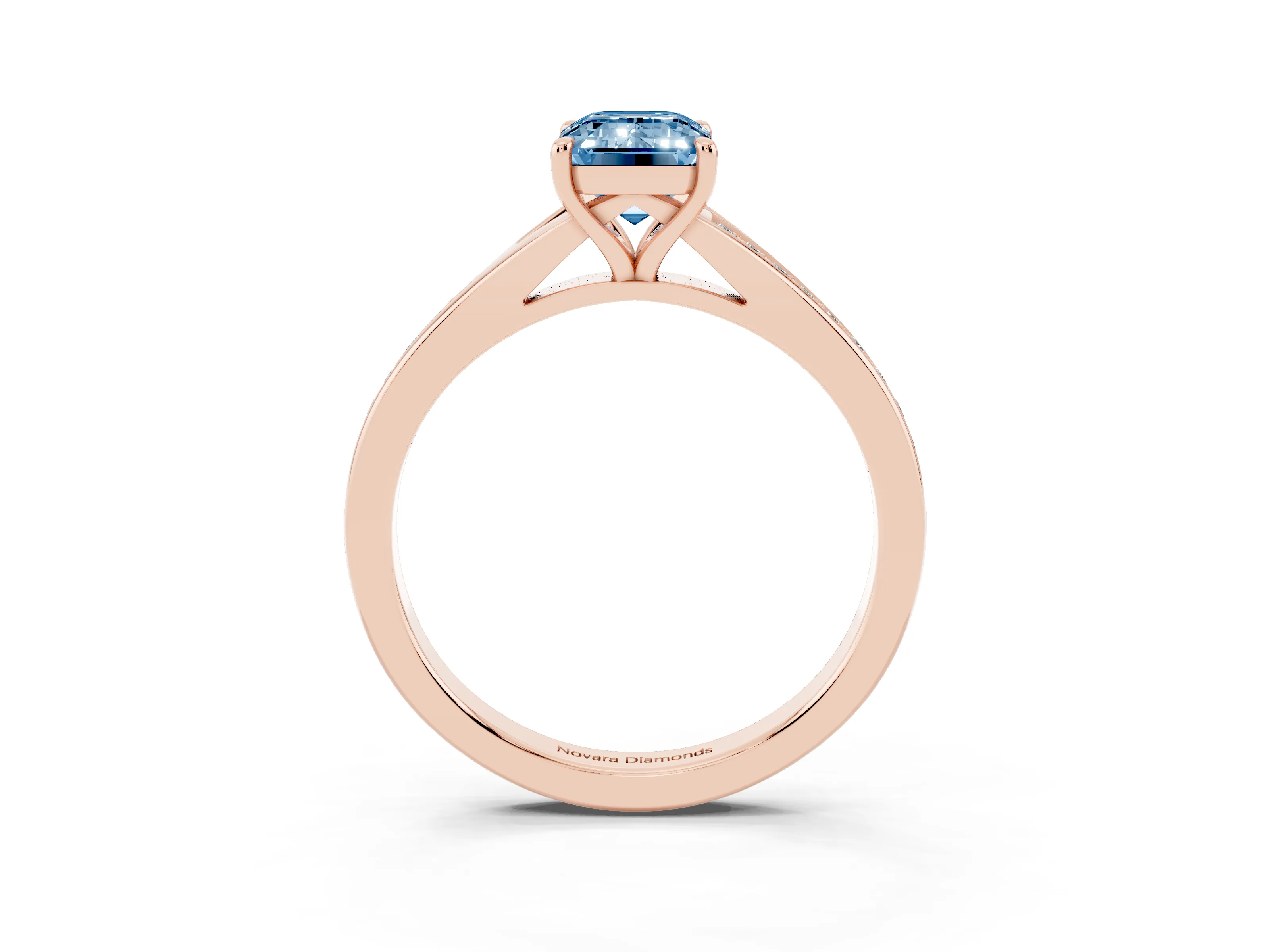 Fancy Blue Emerald Cut Diamond Solitaire Ring Set in Rose gold with Pavé Accent Band and Classic Prong Setting