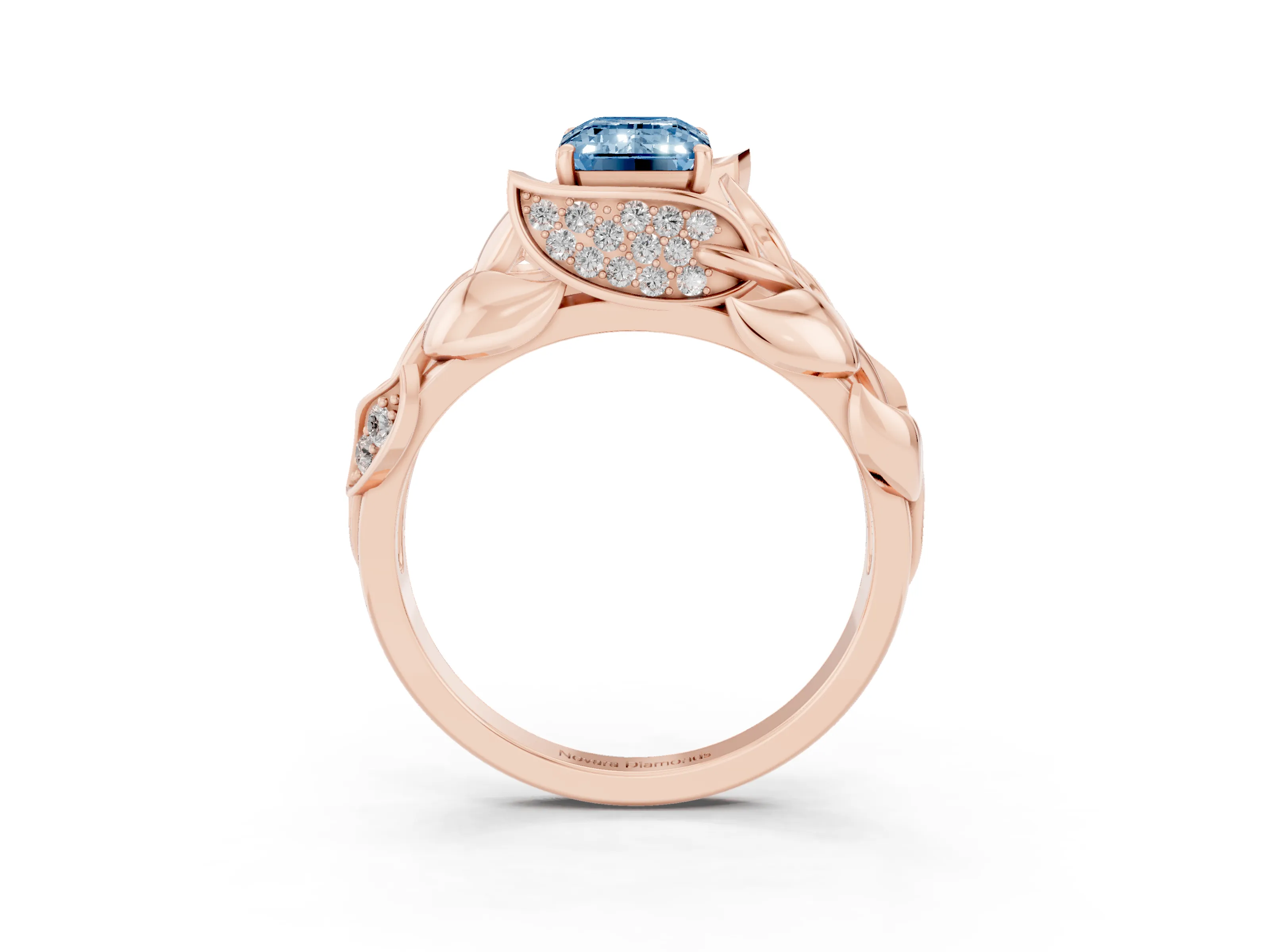 Fancy Blue Emerald Cut Diamond Leaf-Inspired Engagement Ring Set in Rose gold with Round Accents