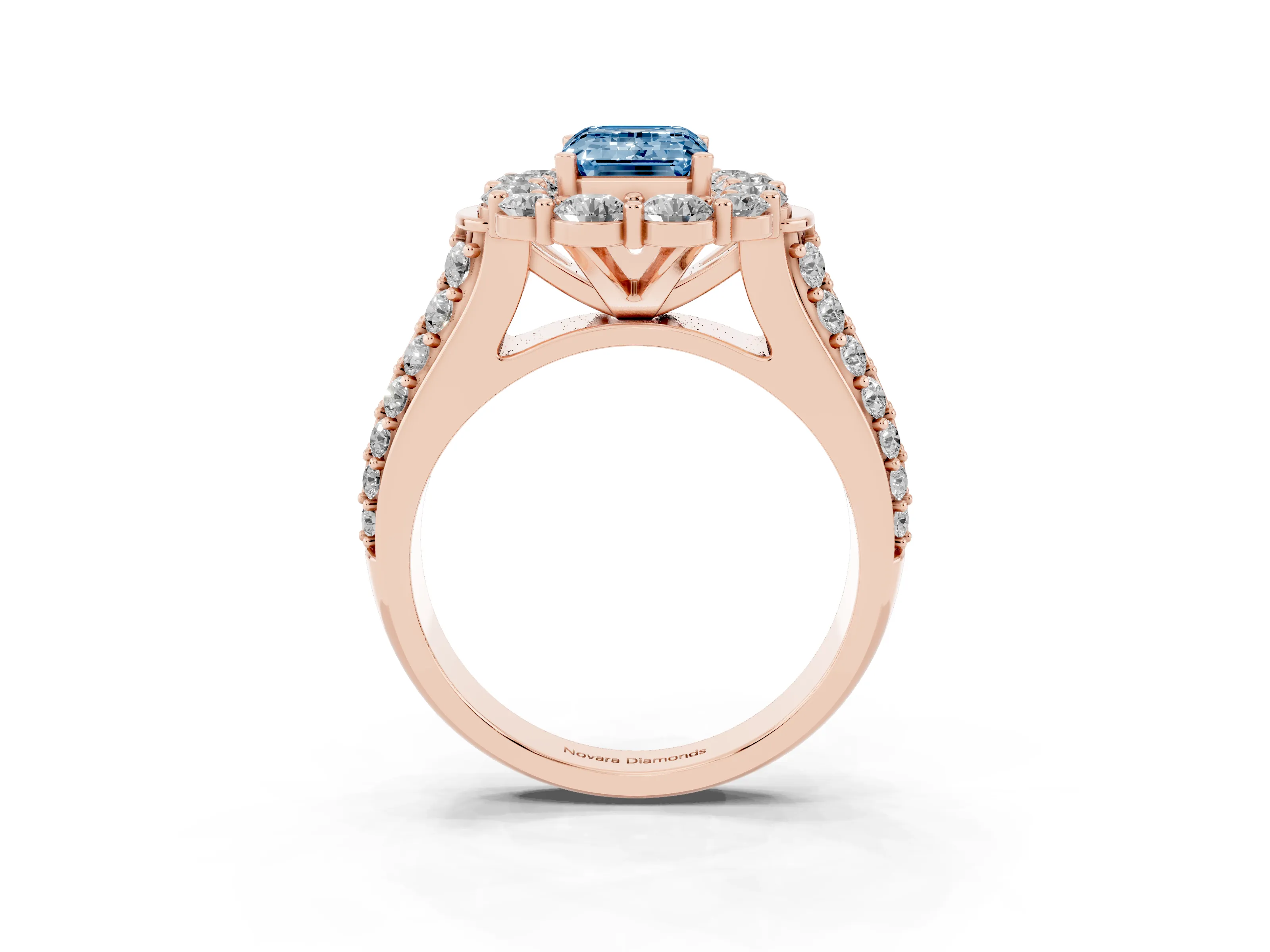 Fancy Blue Emerald Cut Diamond Halo Engagement Ring Set in Rose gold with Split Shank and Prong Setting