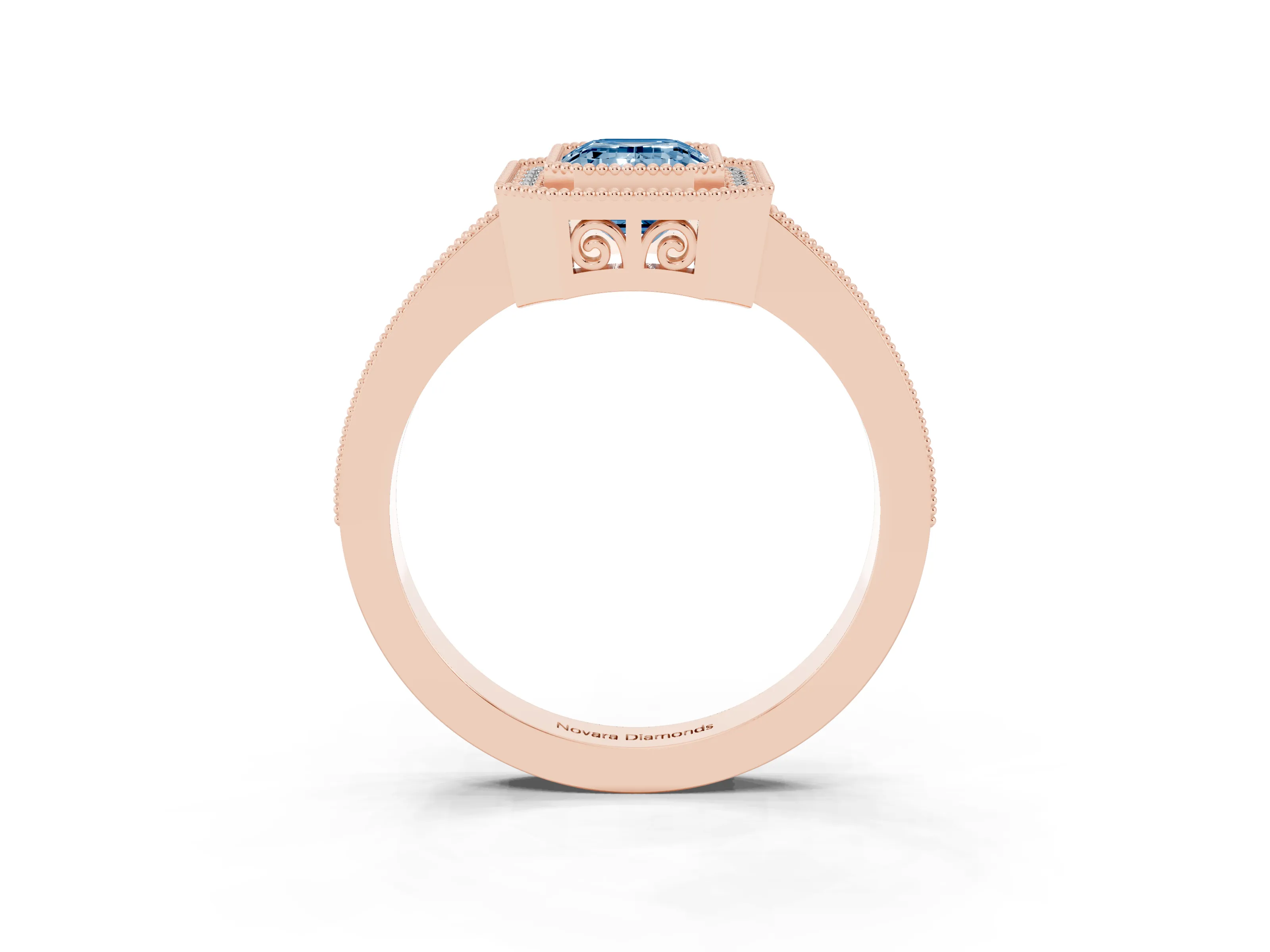 Fancy Blue Emerald Cut Diamond Round Halo Ring Set in Rose gold with Pavé Band