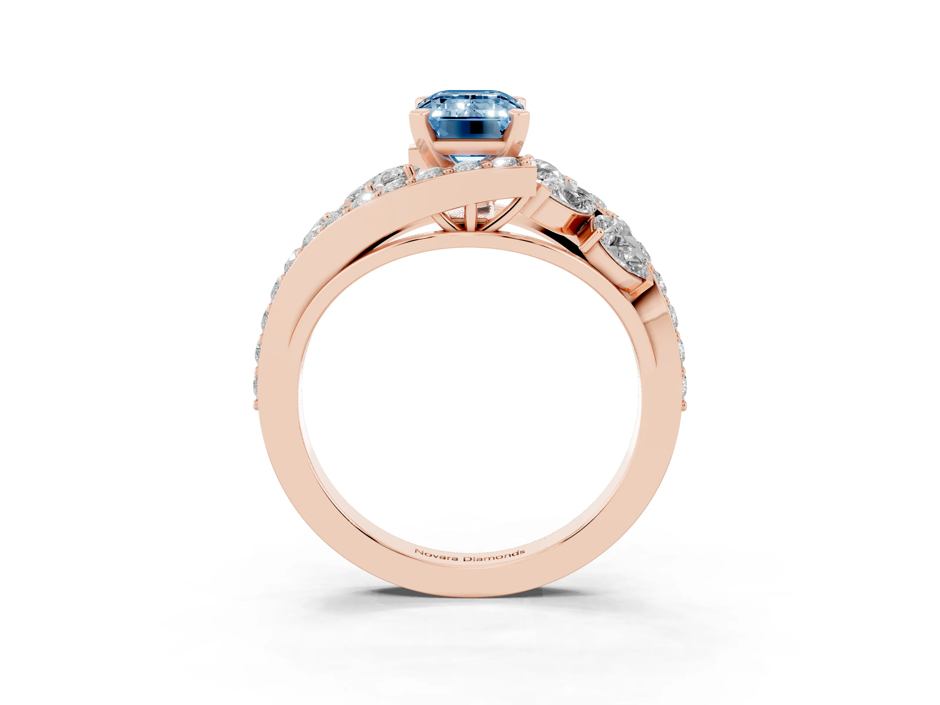 Fancy Blue Emerald Cut Diamond Halo Ring Set in Rose gold with Marquise and Pavé Band in Prong Setting