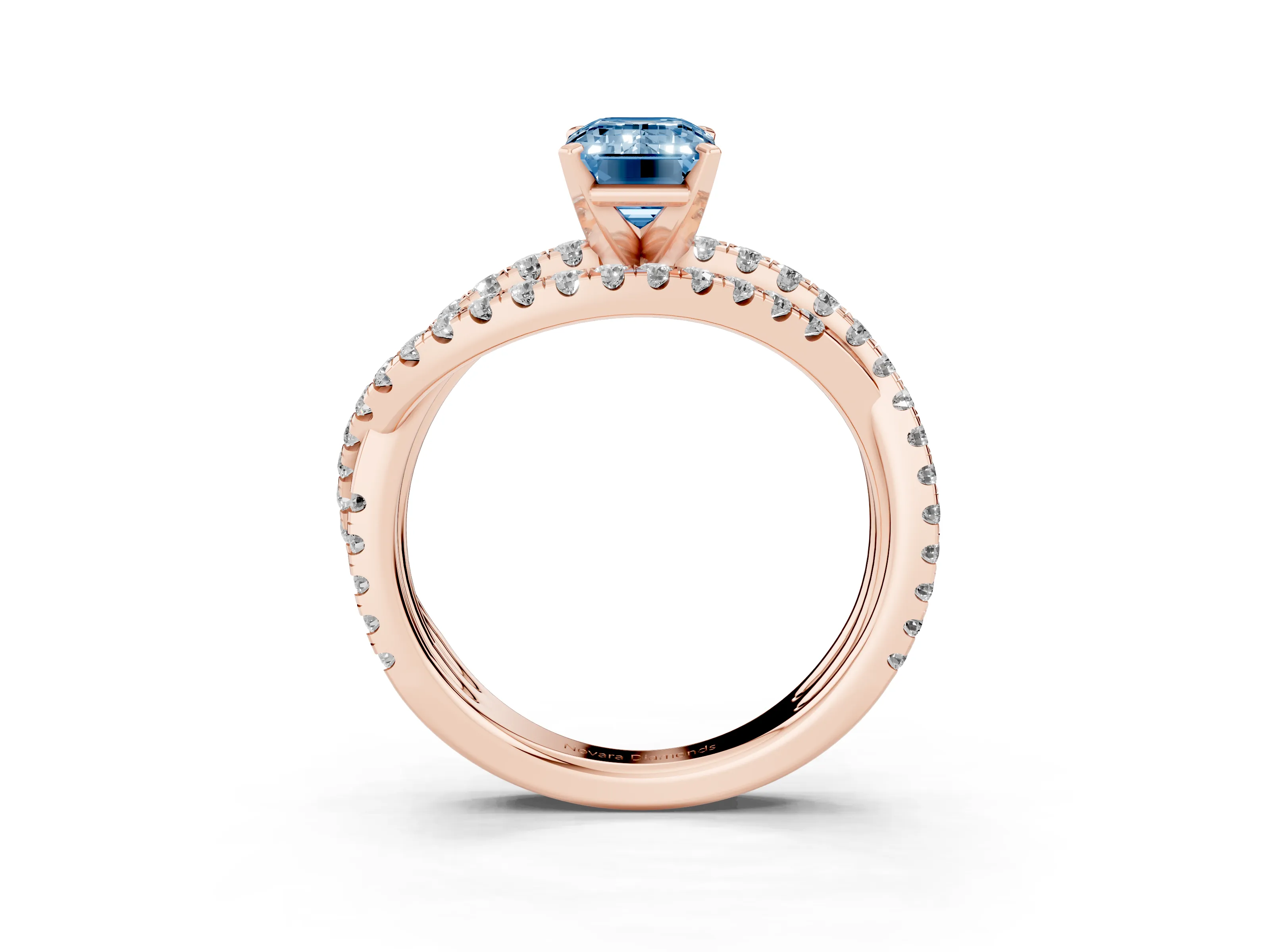 Fancy Blue Emerald Cut Diamond Solitaire Twist Band Ring Set in Rose gold with Pavé Setting and Prong Head