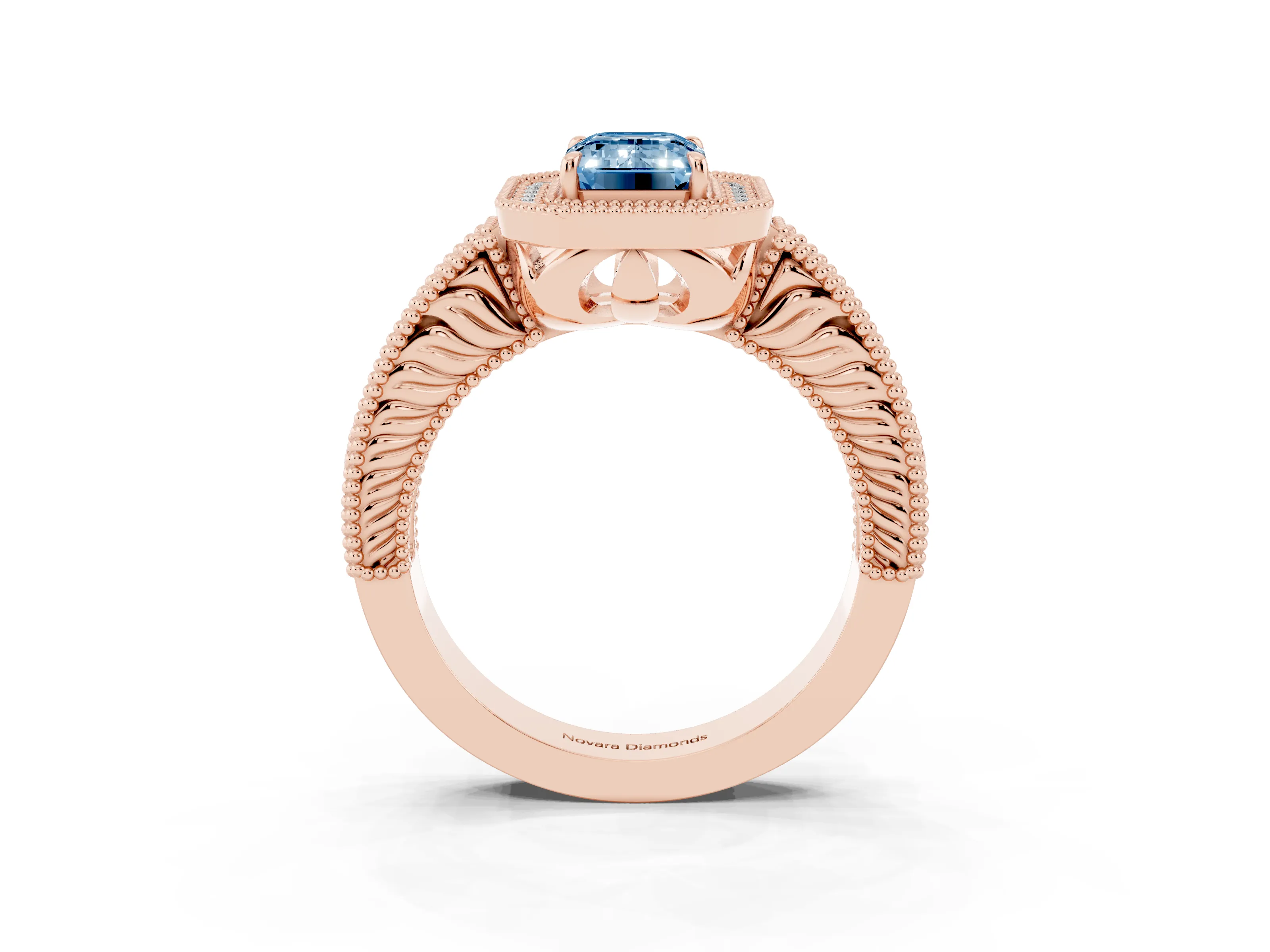 Fancy Blue Emerald Cut Diamond Halo Ring Set in Rose gold with Round Accent Halo, Pavé Band and Prong Setting