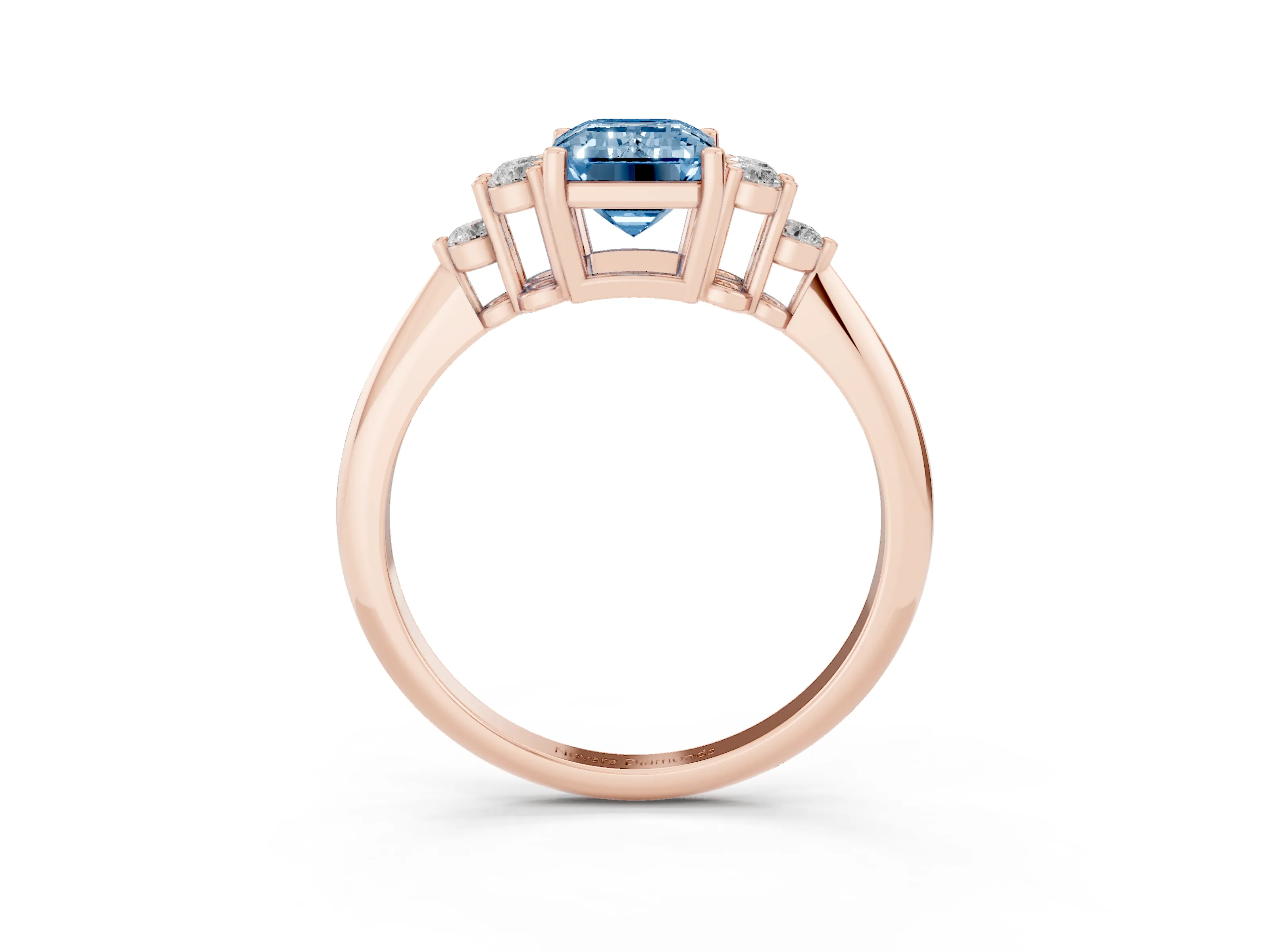 Fancy Blue Emerald Cut Diamond Cluster Ring Set in Rose gold with Plain Band and Prong Setting
