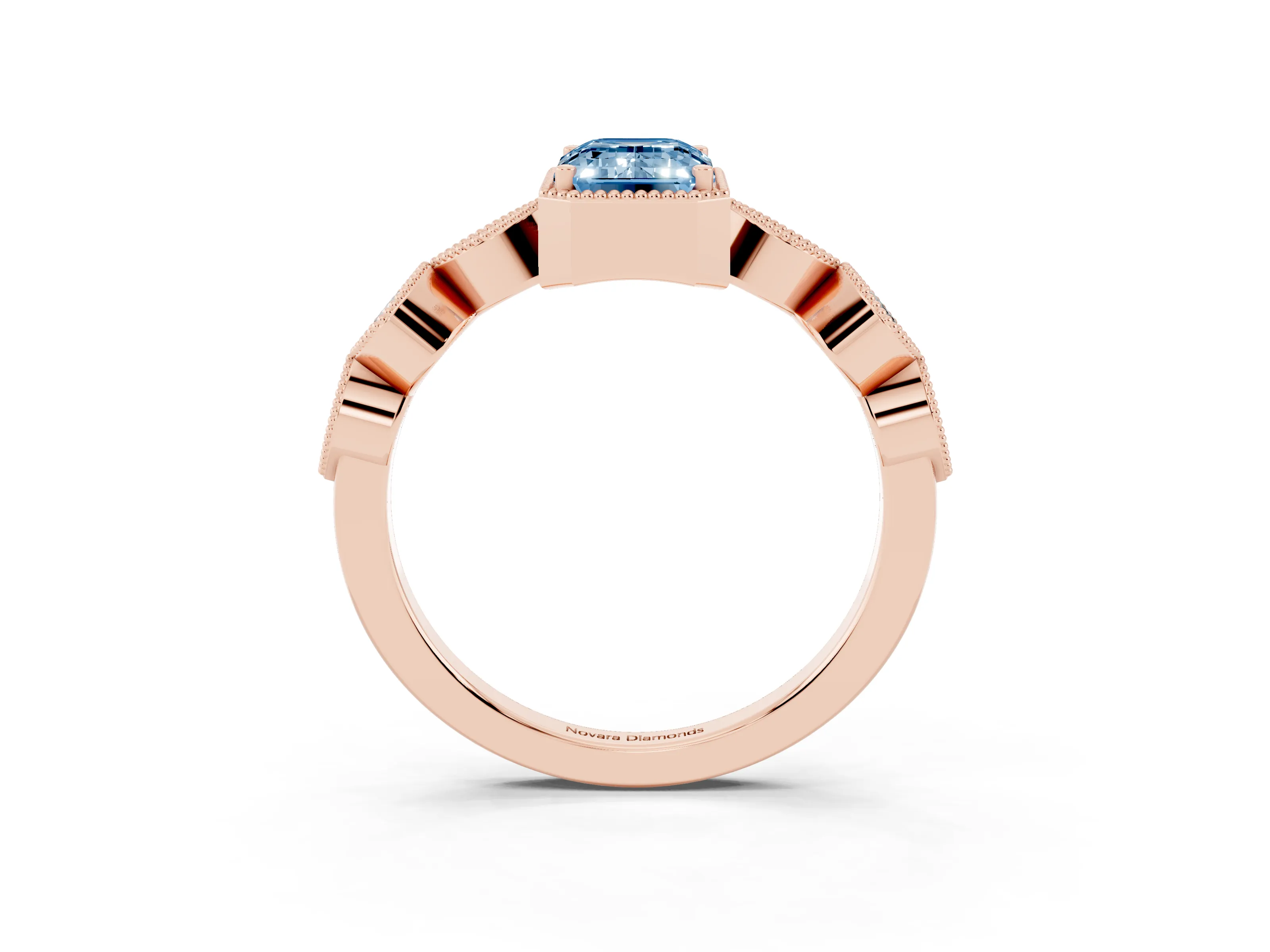 Fancy Blue Emerald Cut Diamond Vintage-Inspired Milgrain Ring Set in Rose gold with Marquise Stations of Round Accents