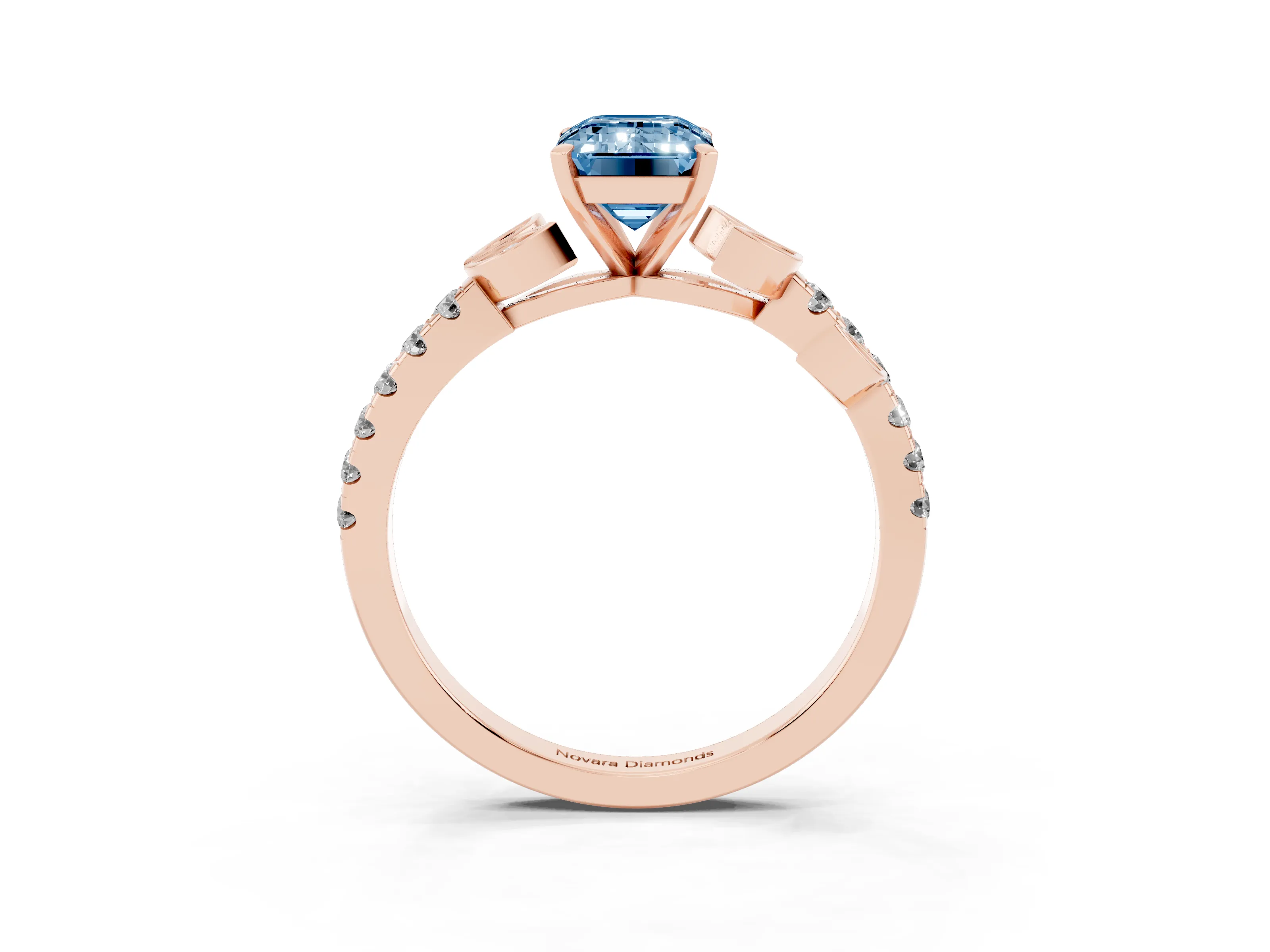 Fancy Blue Emerald Cut Diamond Solitaire Leaf-Inspired Ring Set in Rose gold with Pavé Band and Prong Setting