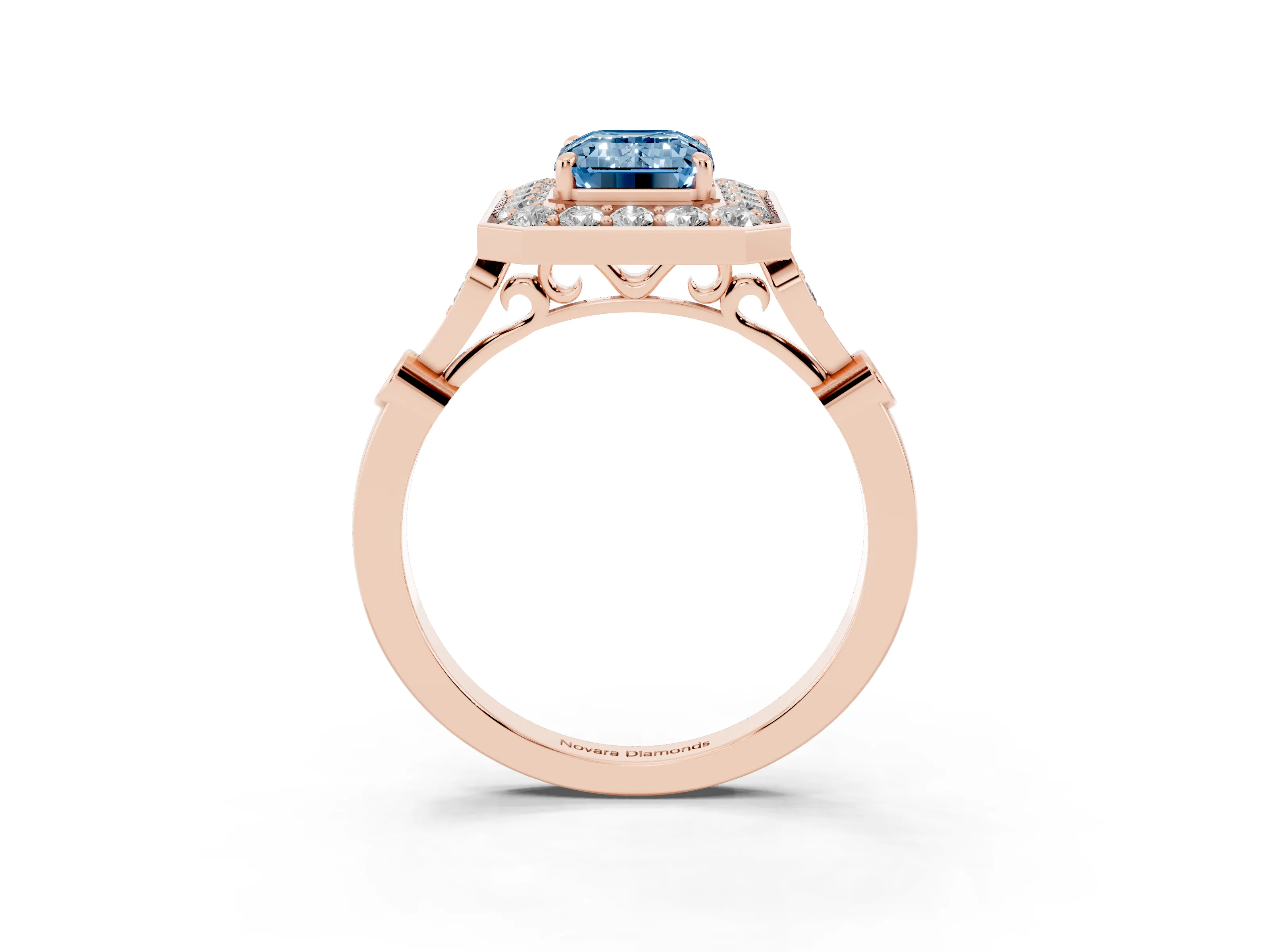 Fancy Blue Emerald Cut Diamond Halo Engagement Ring Set in Rose gold with Twisted Band and Prong Setting