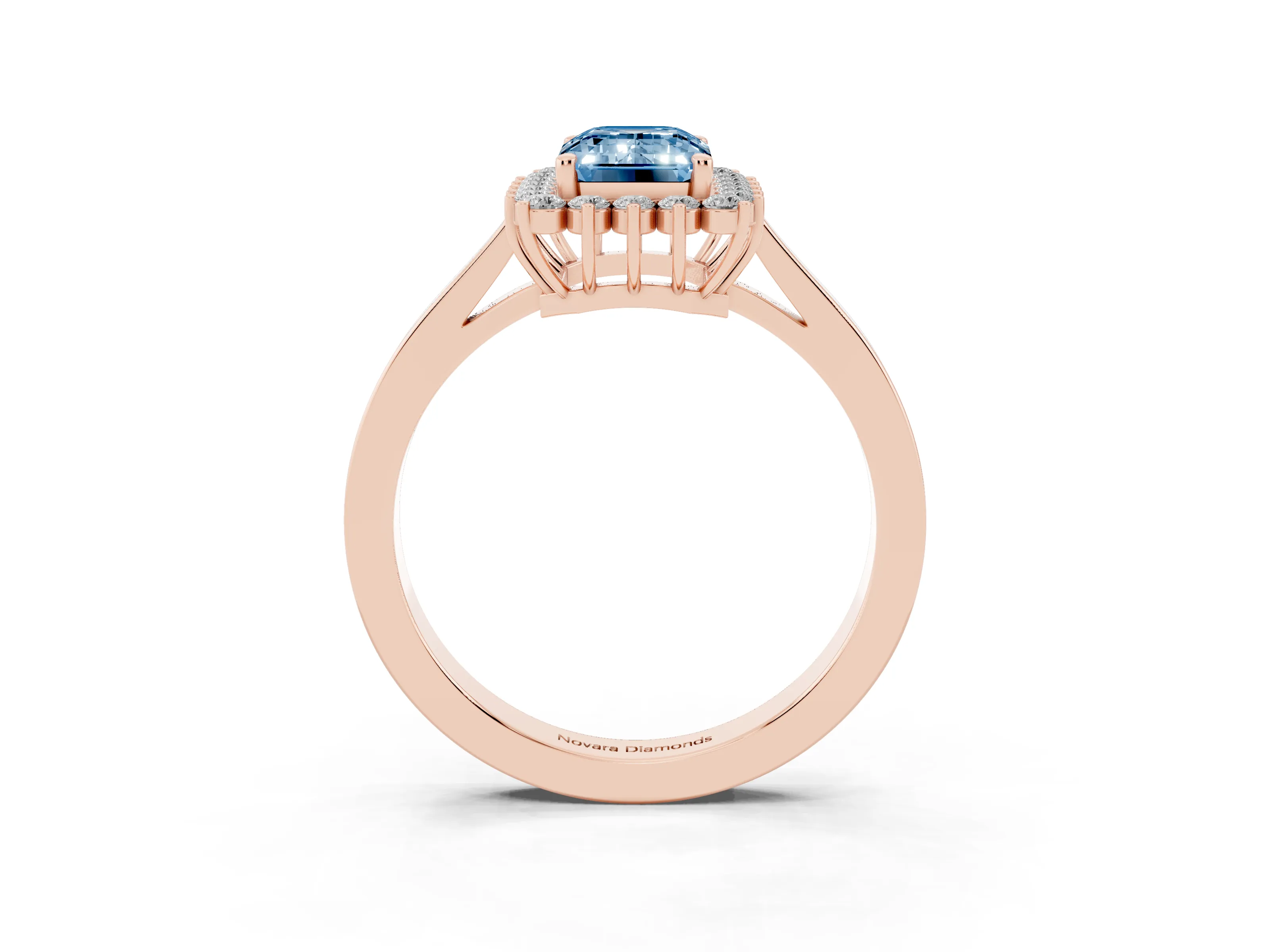 Fancy Blue Emerald Cut Diamond Halo Ring Set in Rose gold with Round Halo and Smooth Solitaire Band