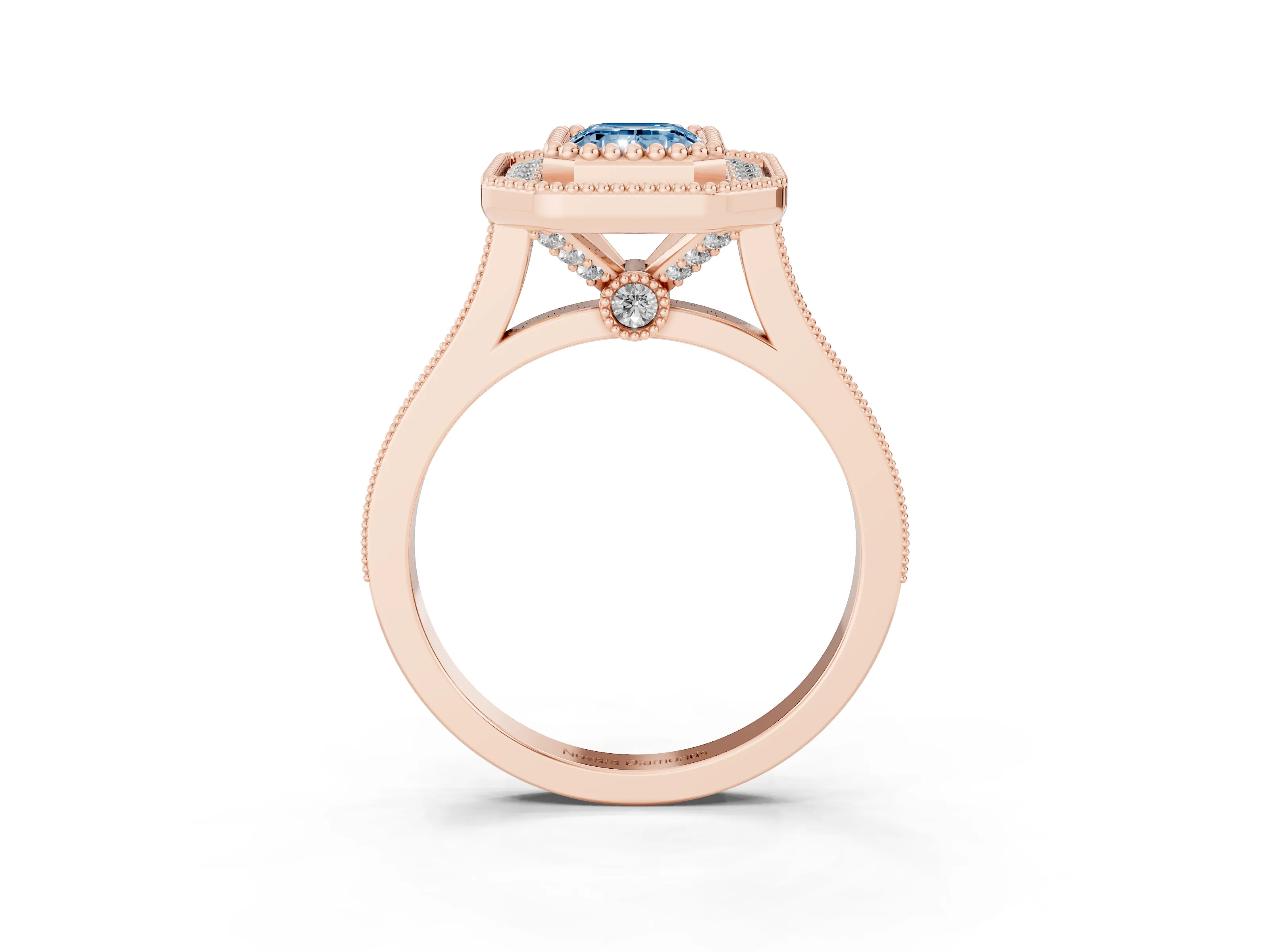Fancy Blue Emerald Cut Diamond Halo Ring Set in Rose gold with Milgrain Frame and Pavé Band
