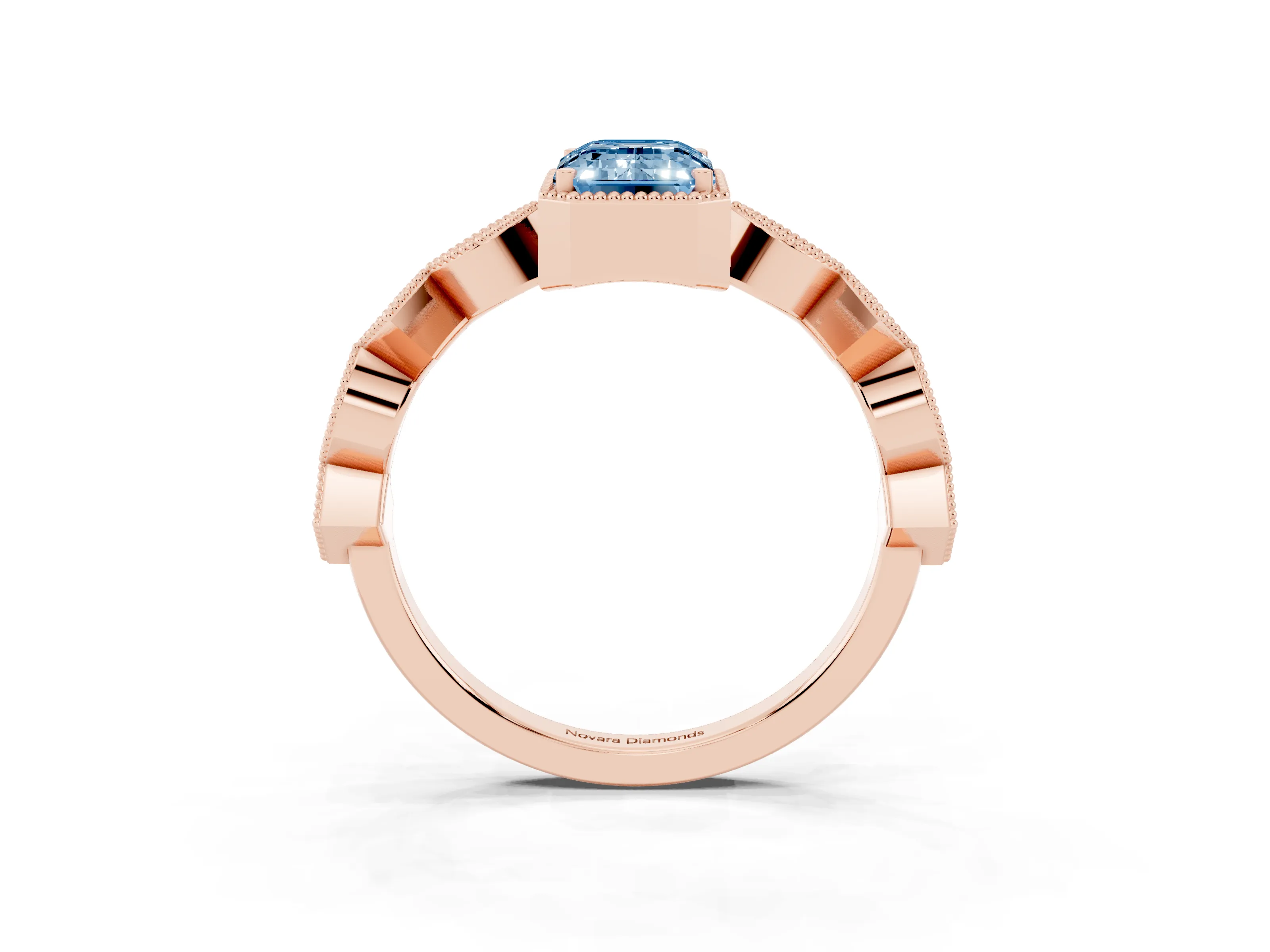 Fancy Blue Emerald Cut Diamond Milgrain Marquise Twist Band Ring Set in Rose gold with Prong Setting