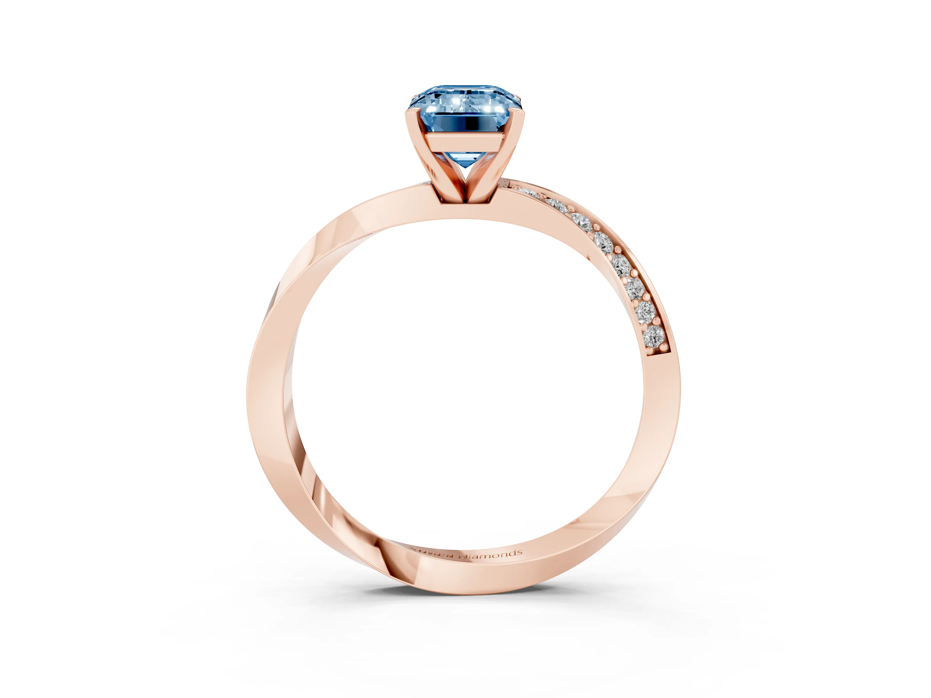 Fancy Blue Emerald Cut Diamond Engagement Ring Set in Rose gold with Side Stone Accents and Prong Setting