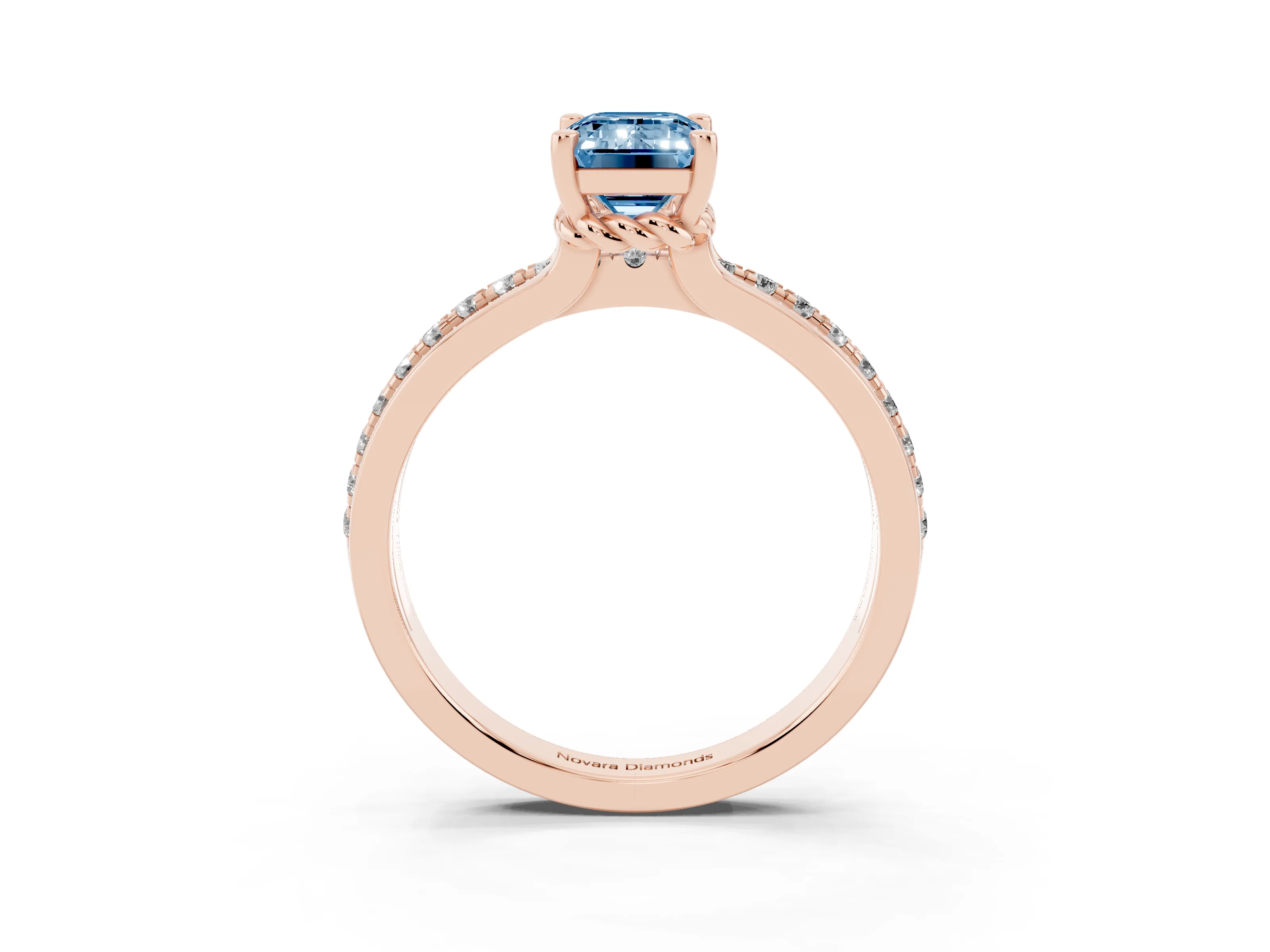 Fancy Blue Emerald Cut Diamond Solitaire Ring Set in Rose gold with Channel Set Band and Prong Setting