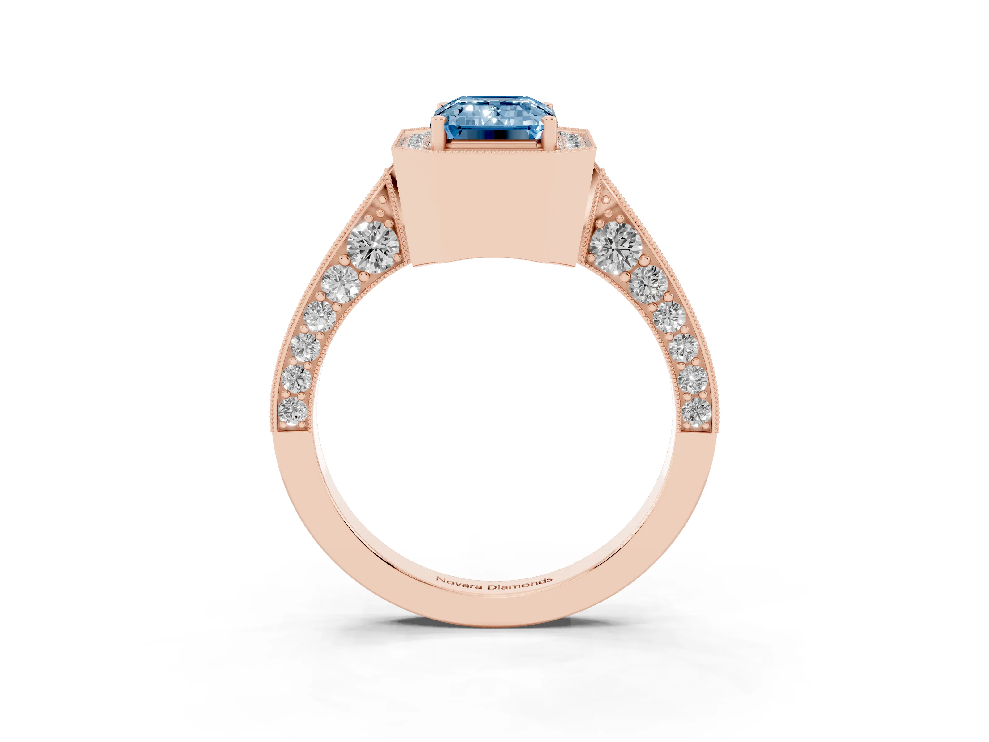 Fancy Blue Emerald Cut Diamond Halo Engagement Ring Set in Rose gold with Accent Split Shank Band