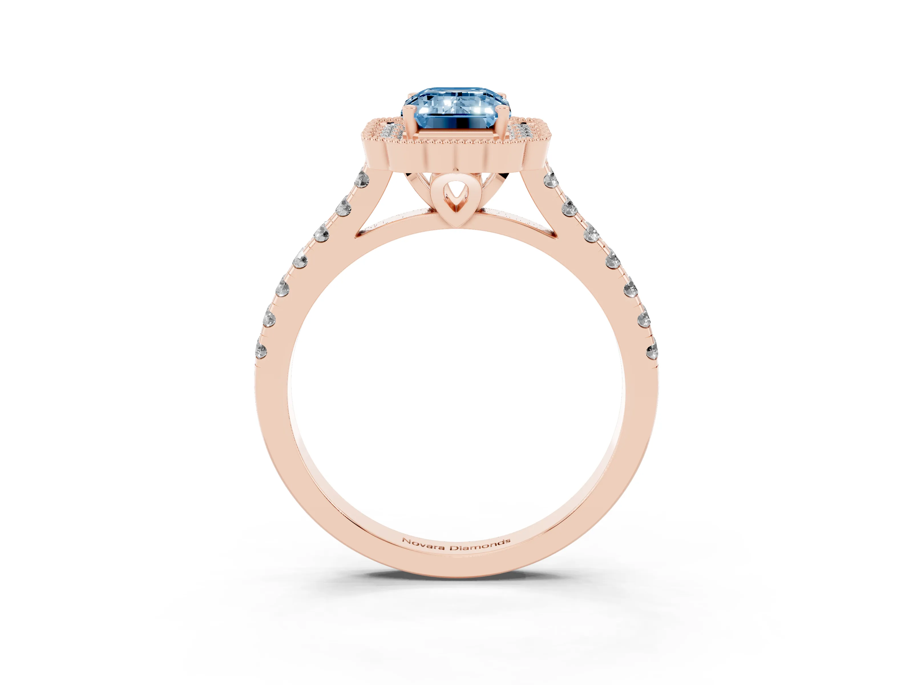 Fancy Blue Emerald Cut Diamond Milgrain Floral Halo Engagement Ring Set in Rose gold with Pavé Band