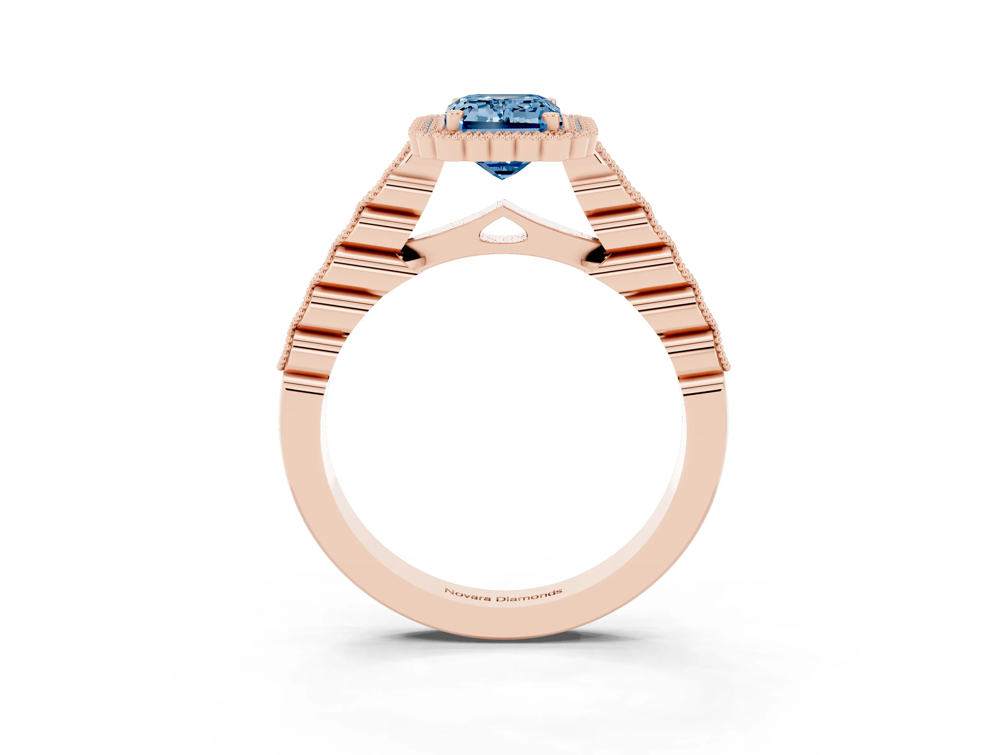Fancy Blue Emerald Cut Diamond Halo Ring Set in Rose gold with Pavé Milgrain Band