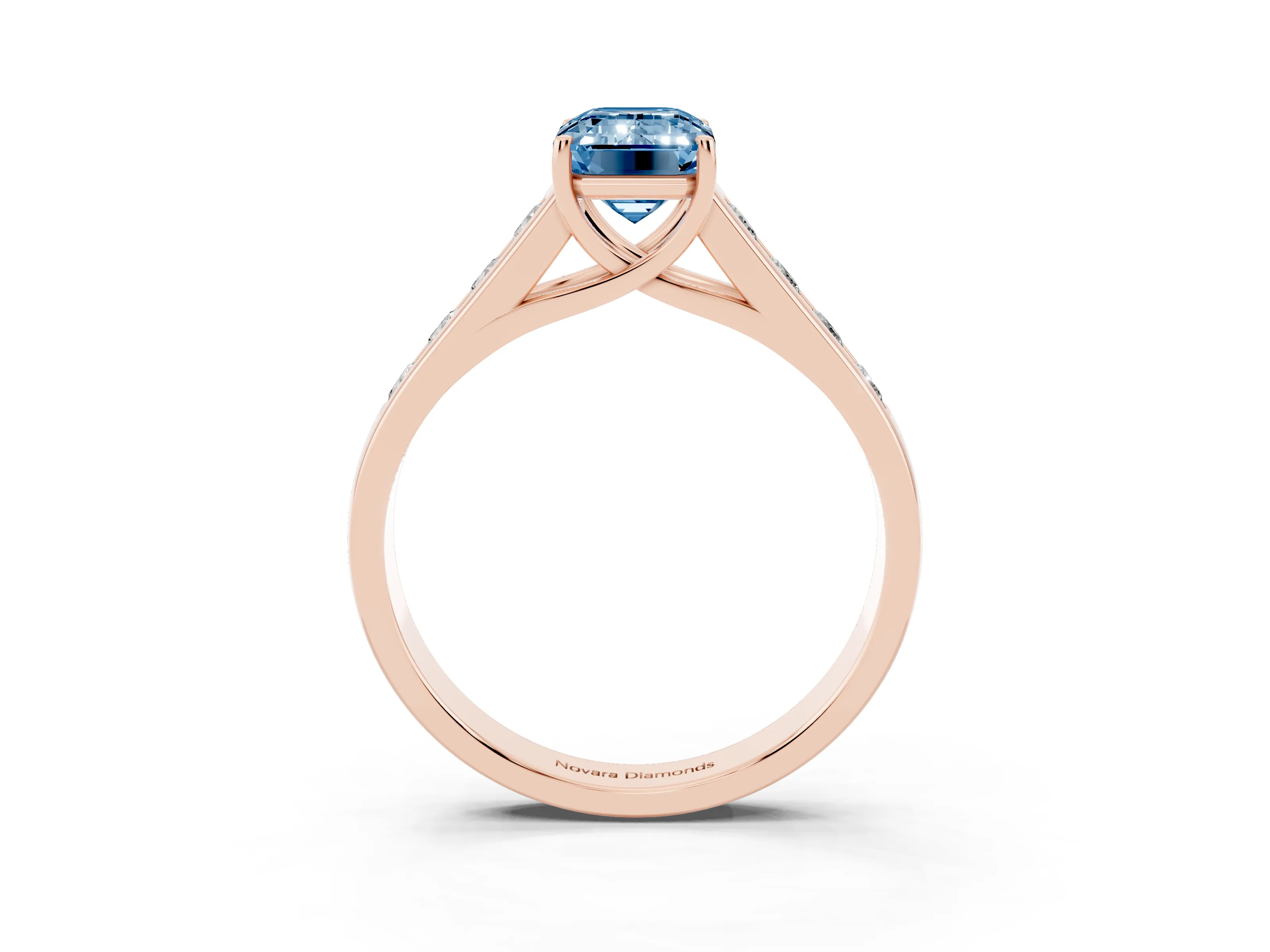 Fancy Blue Emerald Cut Diamond Brilliant Channel-Set Solitaire Ring Set in Rose gold with Prong Setting