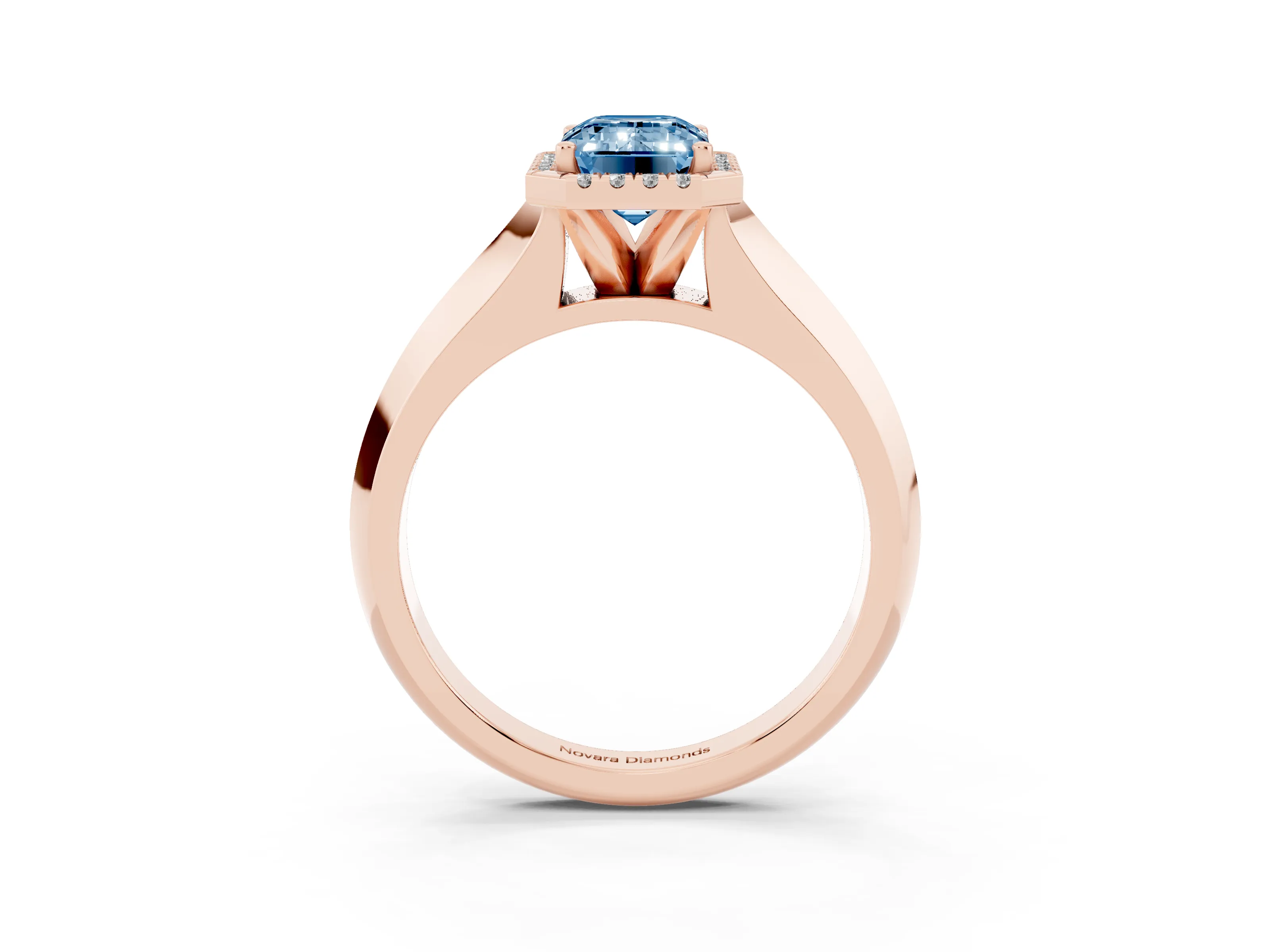 Fancy Blue Emerald Cut Diamond Halo Ring Set in Rose gold with Cathedral Band and Prong Setting