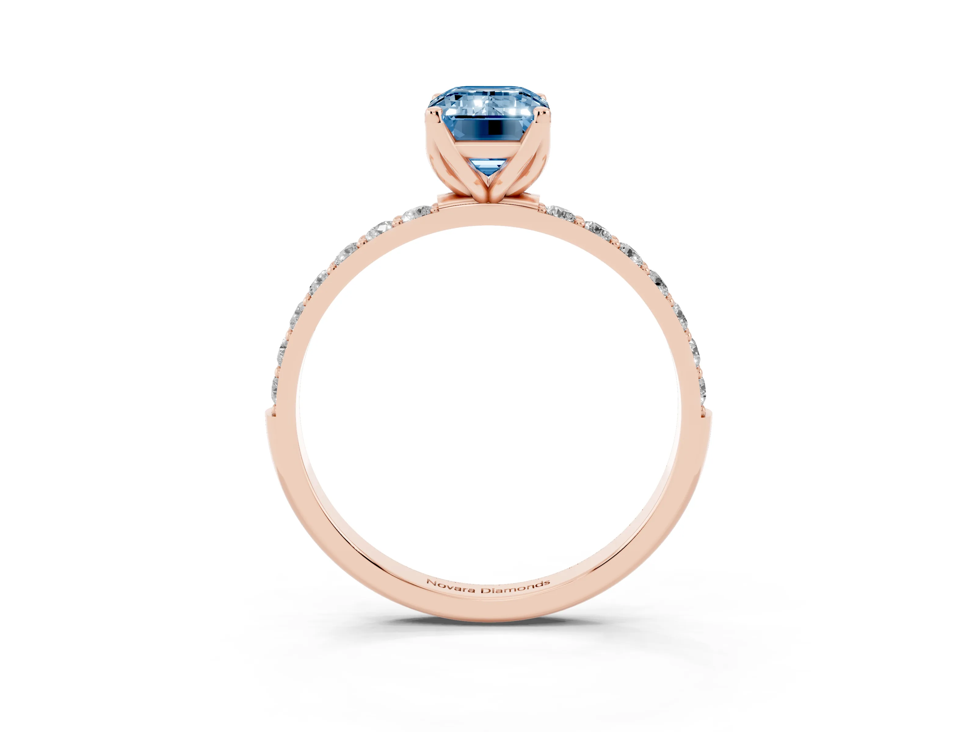 Fancy Blue Emerald Cut Diamond Solitaire Engagement Ring Set in Rose gold with Round Pavé Band and Prong Setting
