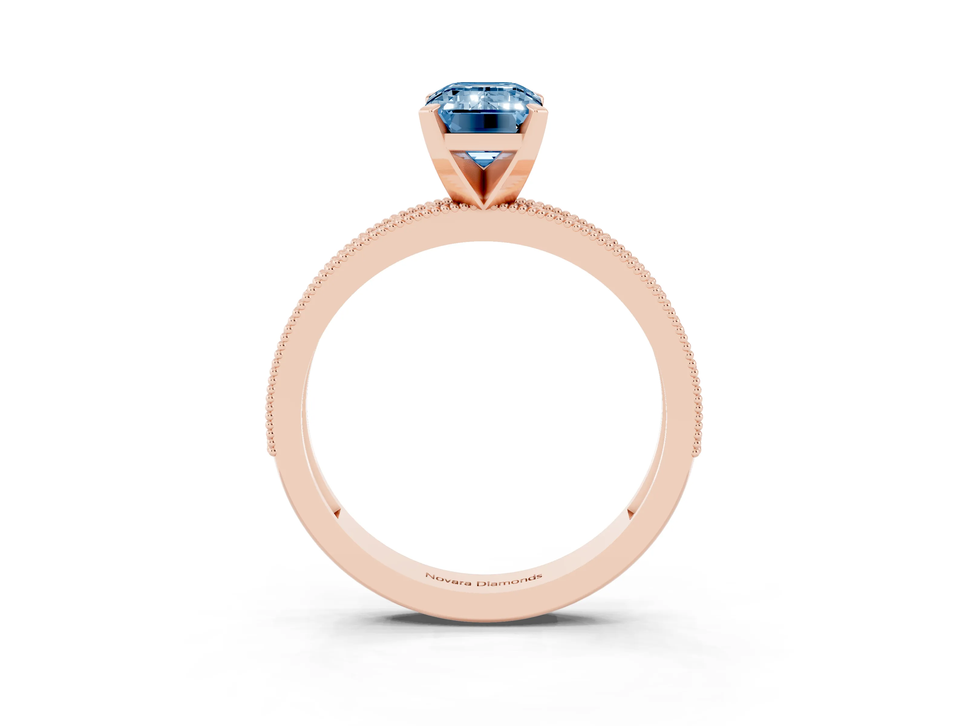 Fancy Blue Emerald Cut Diamond Milgrain Pavé Engagement Ring Set in Rose gold with Prong Setting