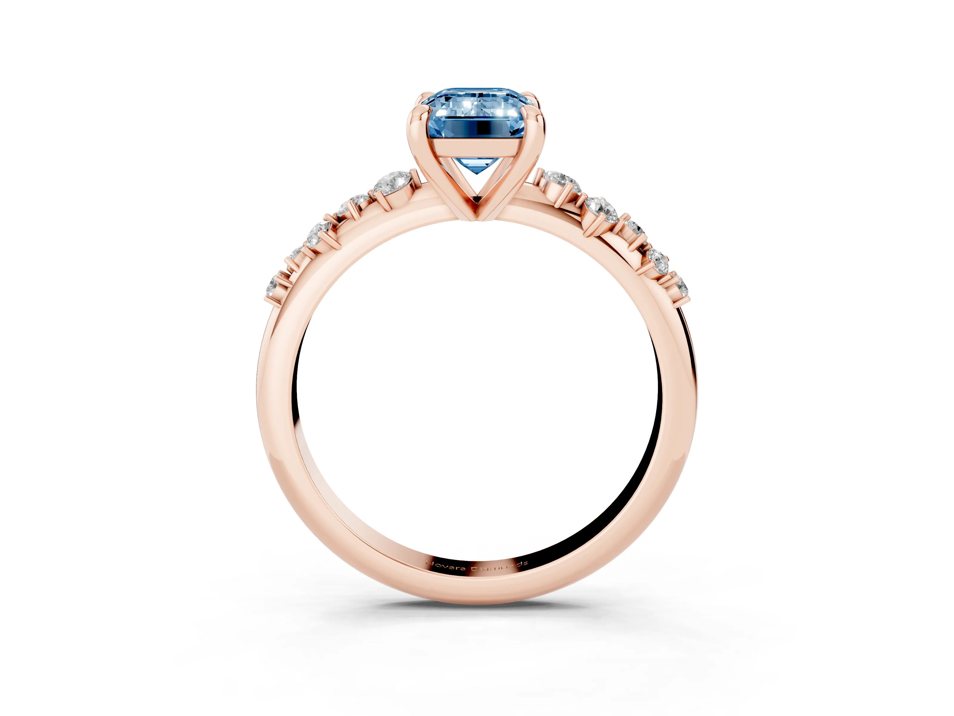 Fancy Blue Emerald Cut Diamond Solitaire Vine Band Ring Set in Rose gold with Round Accents and Prong Setting