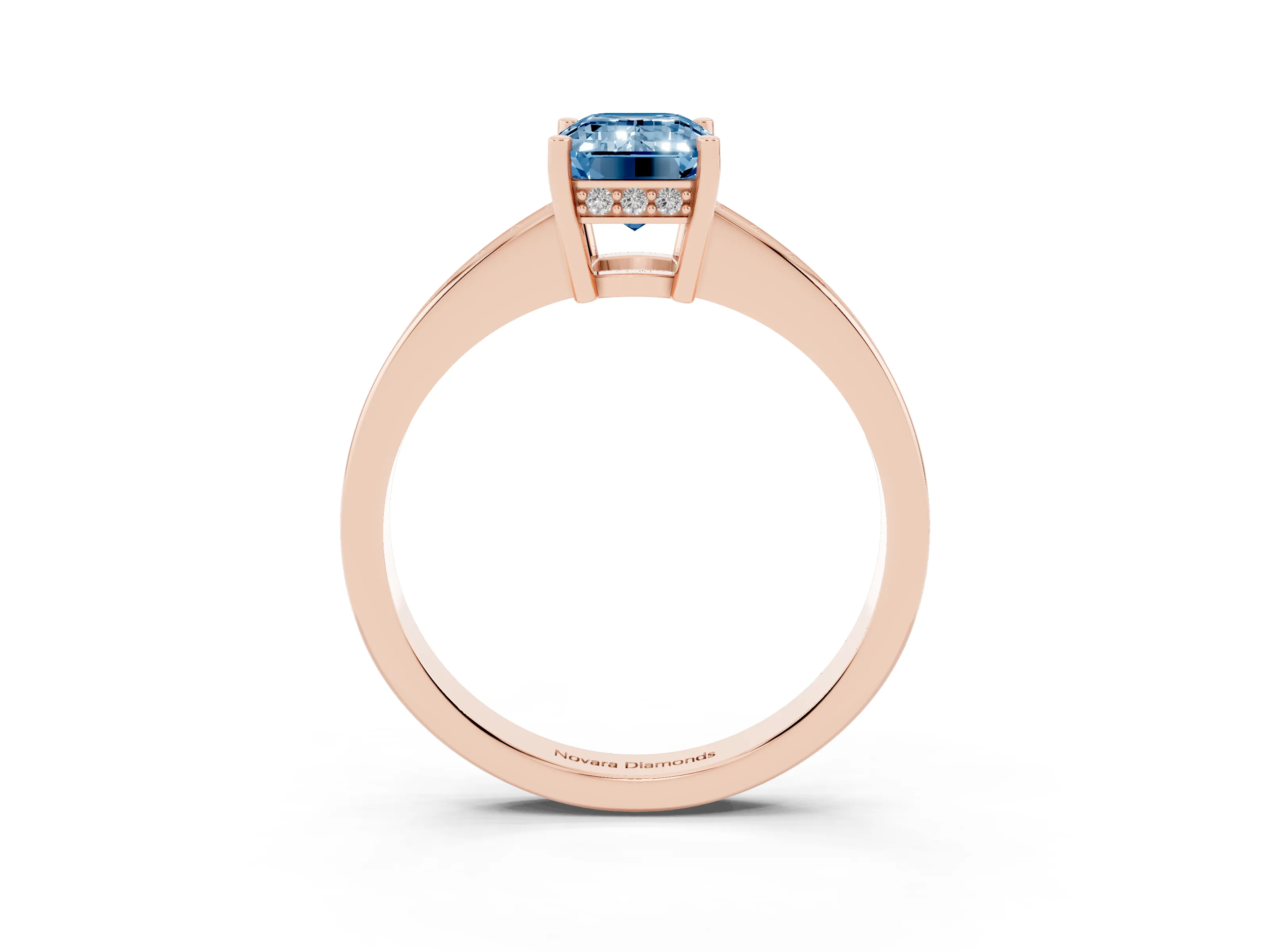 Fancy Blue Emerald Cut Diamond Pavé Band Prong Set Solitaire Ring Set in Rose gold