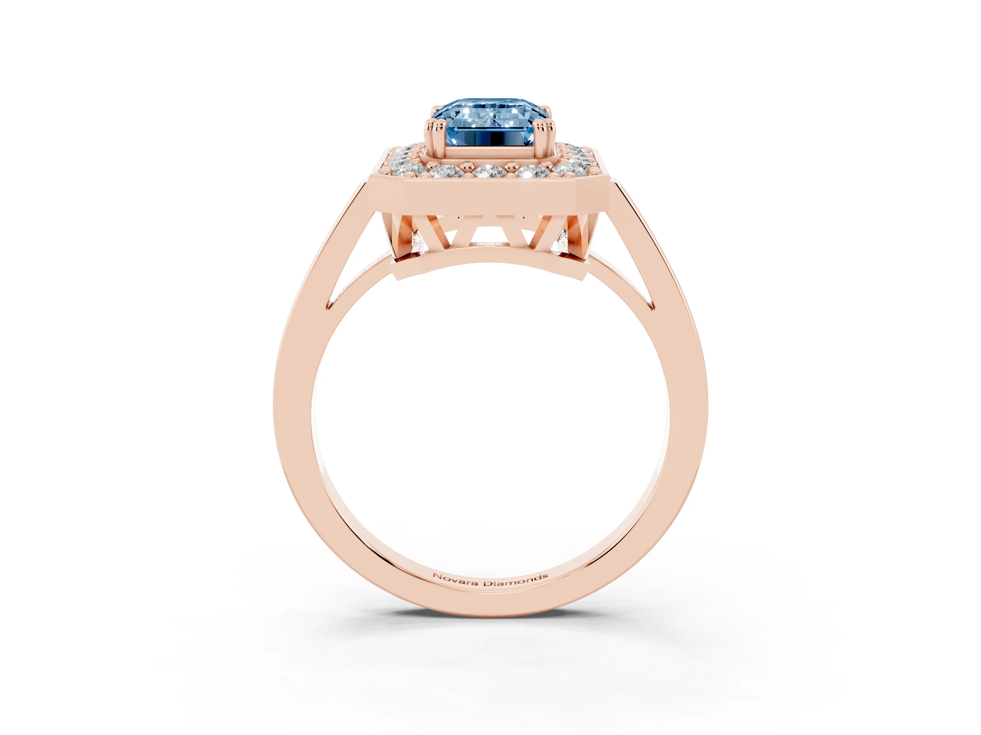 Fancy Blue Emerald Cut Diamond Halo Ring Set in Rose gold with Accent-Lined Split Shank and Prong Setting