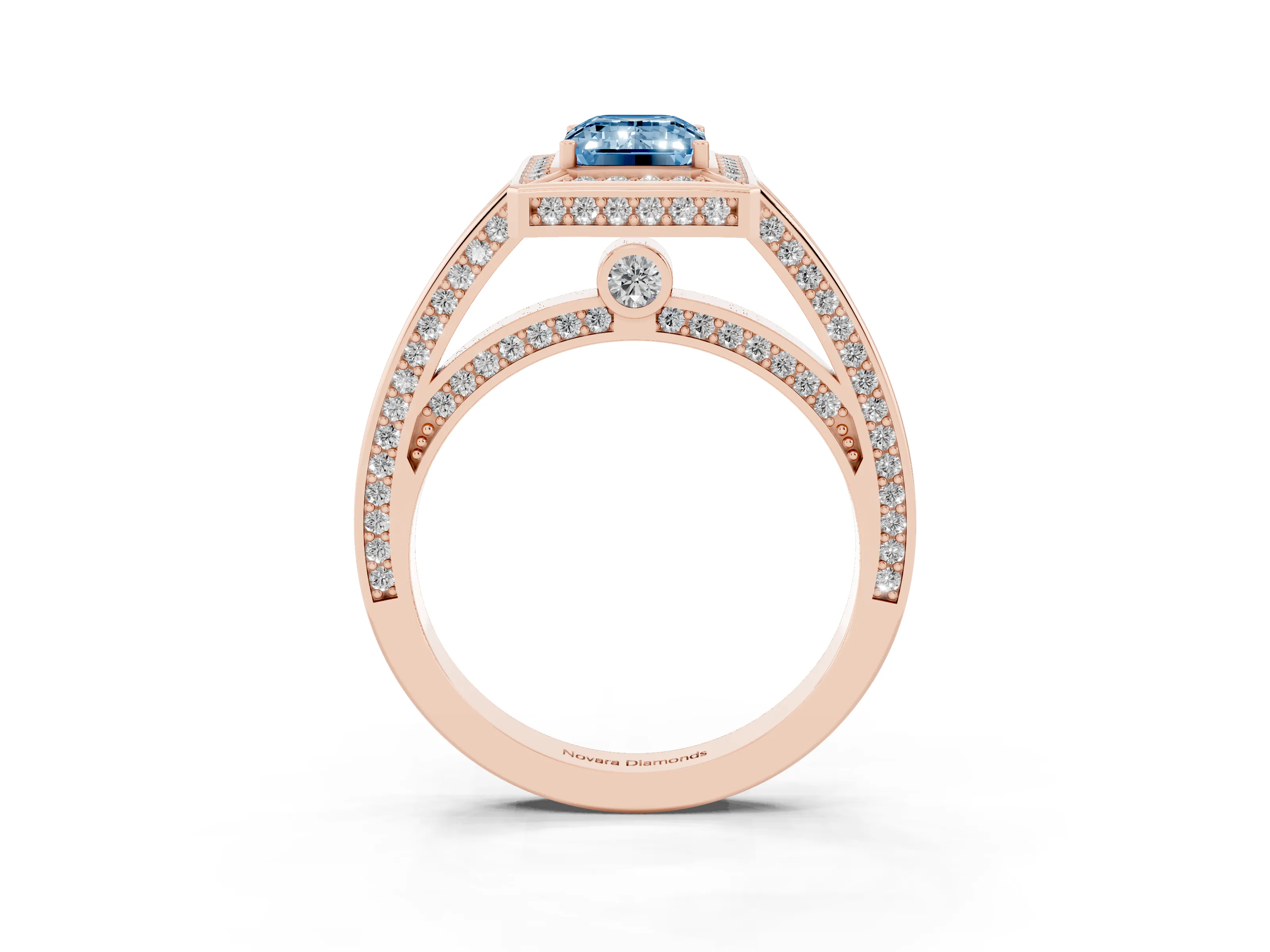 Fancy Blue Emerald Cut Diamond Halo Pavé Split Shank Ring Set in Rose gold with Prong Setting