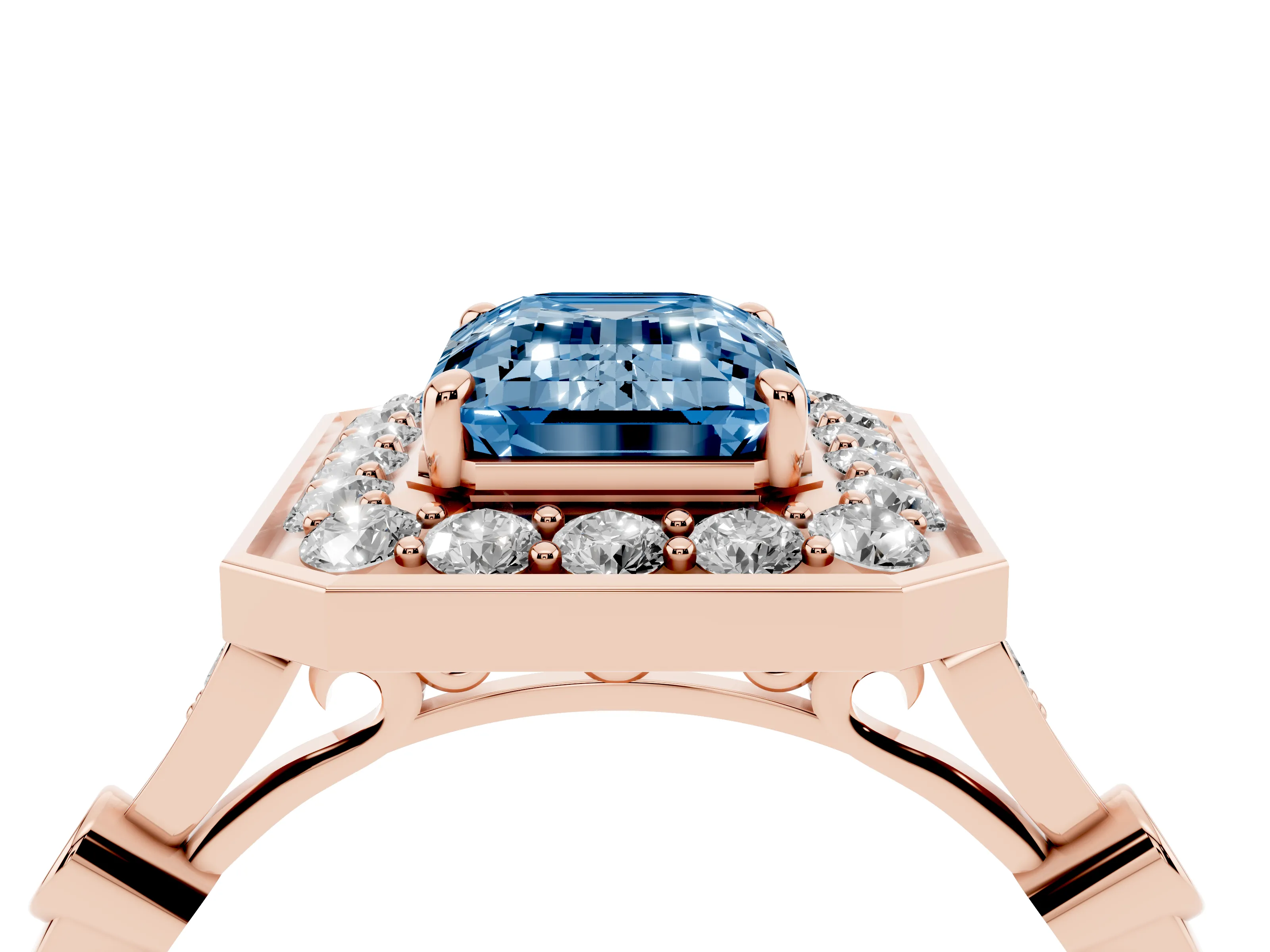 Fancy Blue Emerald Cut Diamond Halo Engagement Ring Set in Rose gold with Twisted Band and Prong Setting