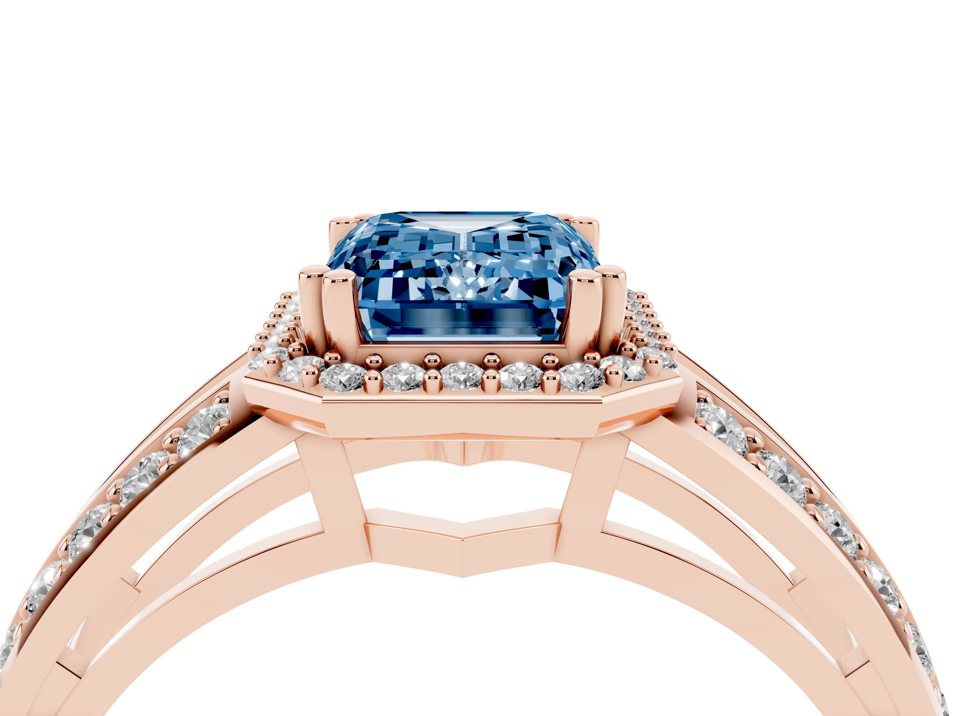 Fancy Blue Emerald Cut Diamond Halo Ring Set in Rose gold with Double Pavé Split Shank