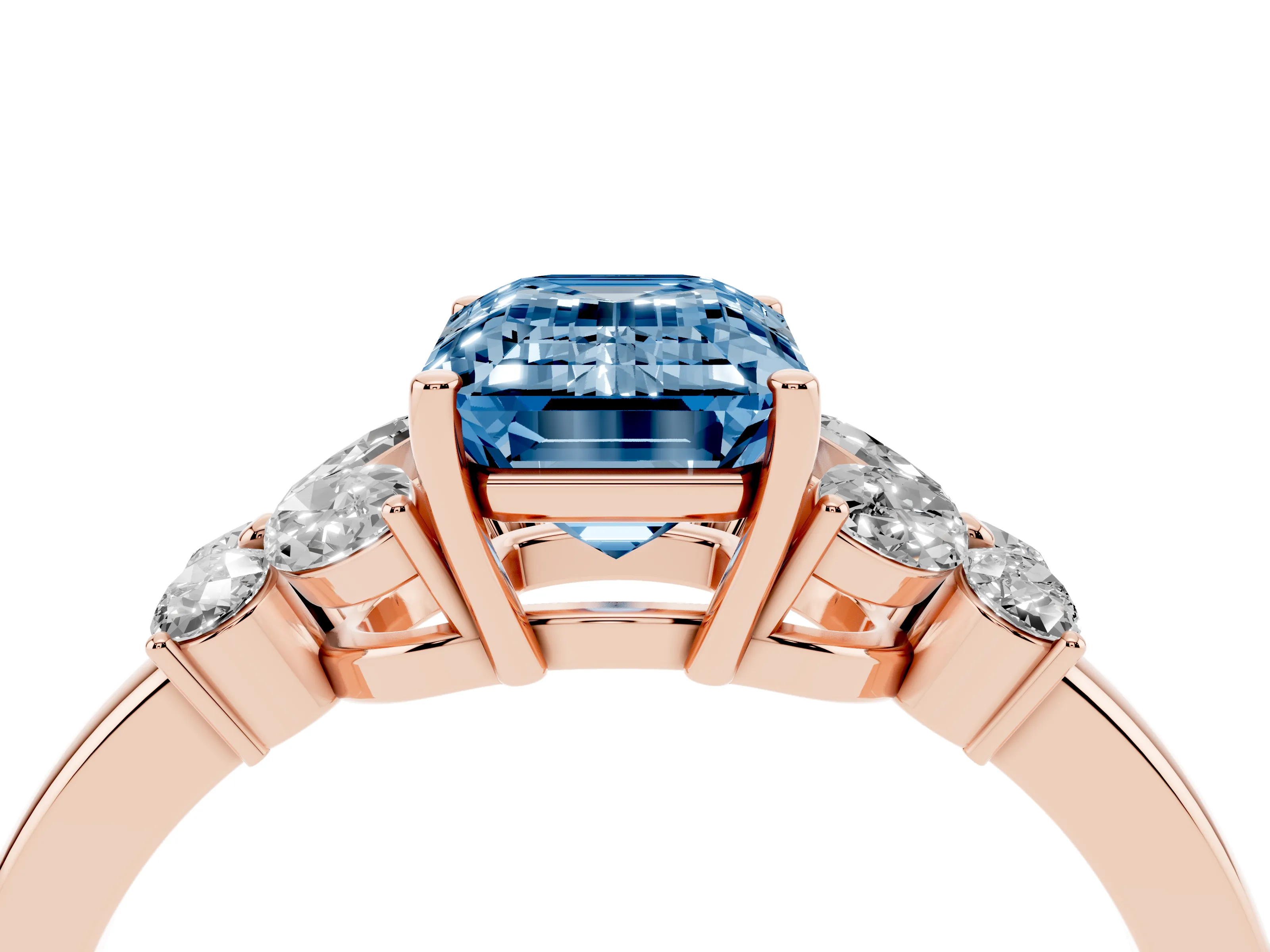 Fancy Blue Emerald Cut Diamond Solitaire Floral Ring Set in Rose gold with Marquise Petals and Prong Setting