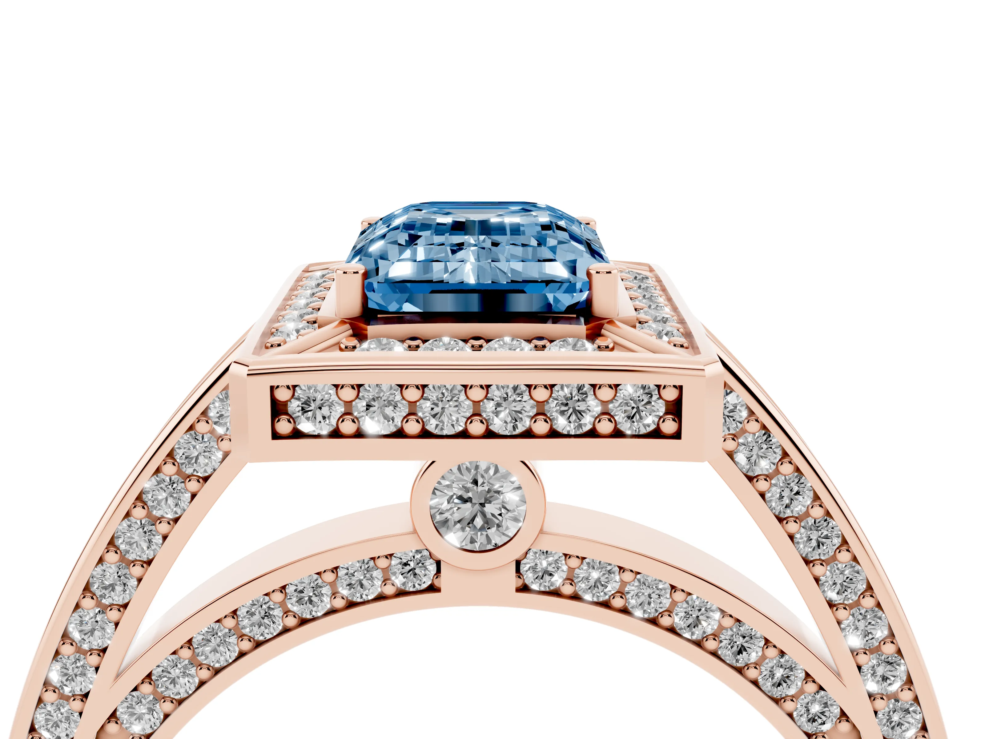 Fancy Blue Emerald Cut Diamond Halo Pavé Split Shank Ring Set in Rose gold with Prong Setting