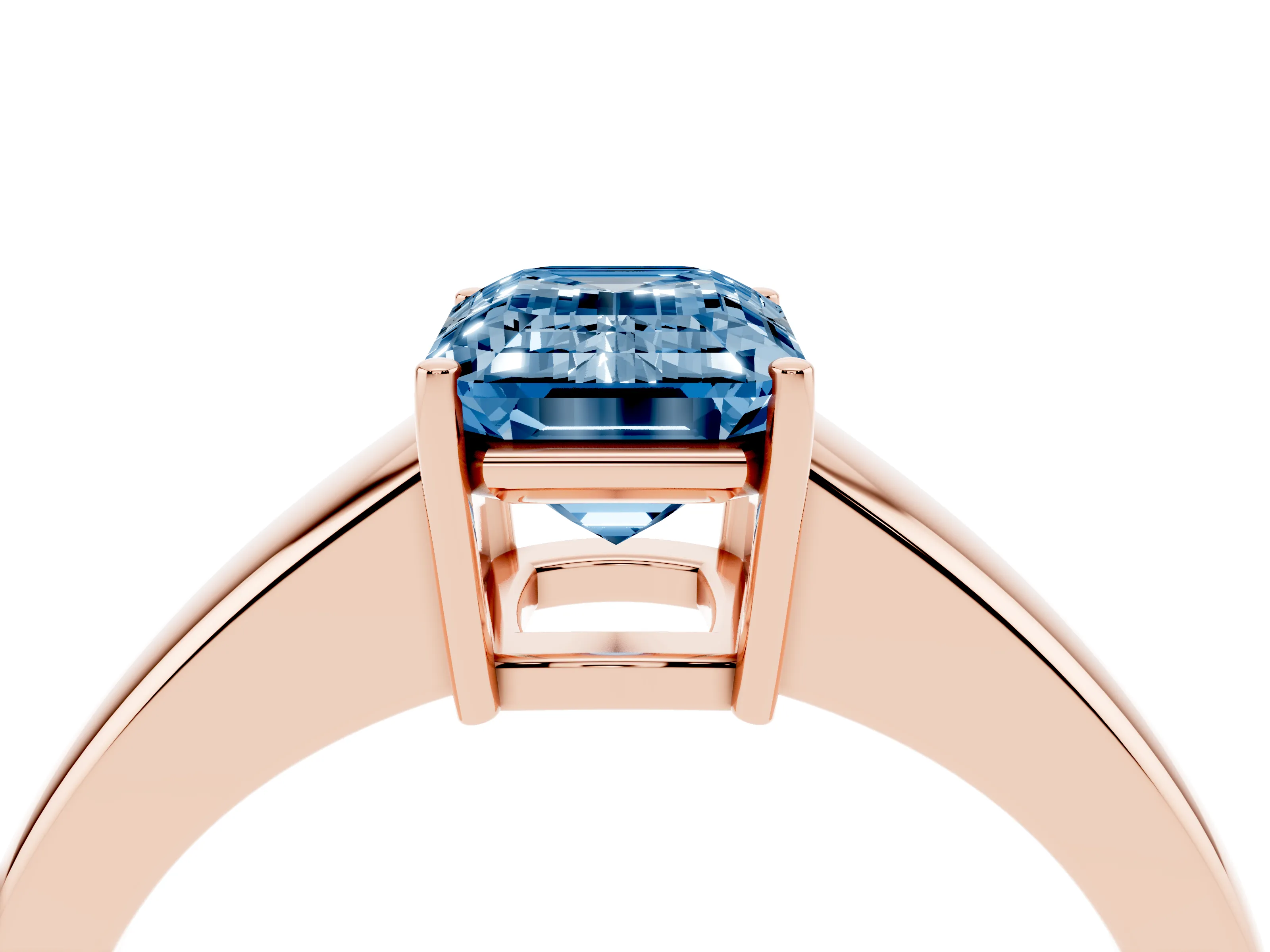 Fancy Blue Emerald Cut Diamond Solitaire Ring Set in Rose gold with Tapered Band and Prong Setting