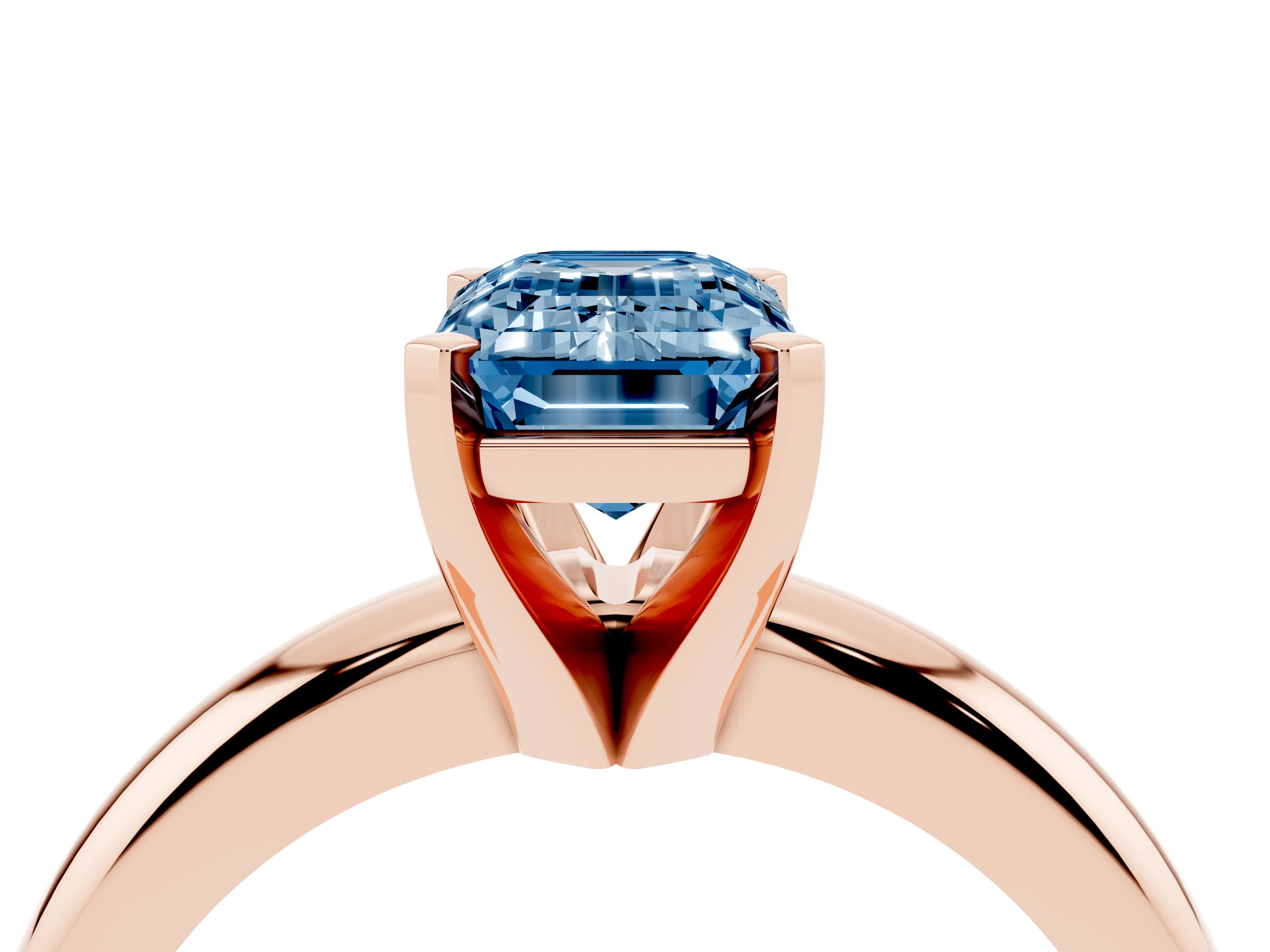 Fancy Blue Emerald Cut Diamond Solitaire Engagement Ring Set in Rose gold with Round Band and Prong Setting