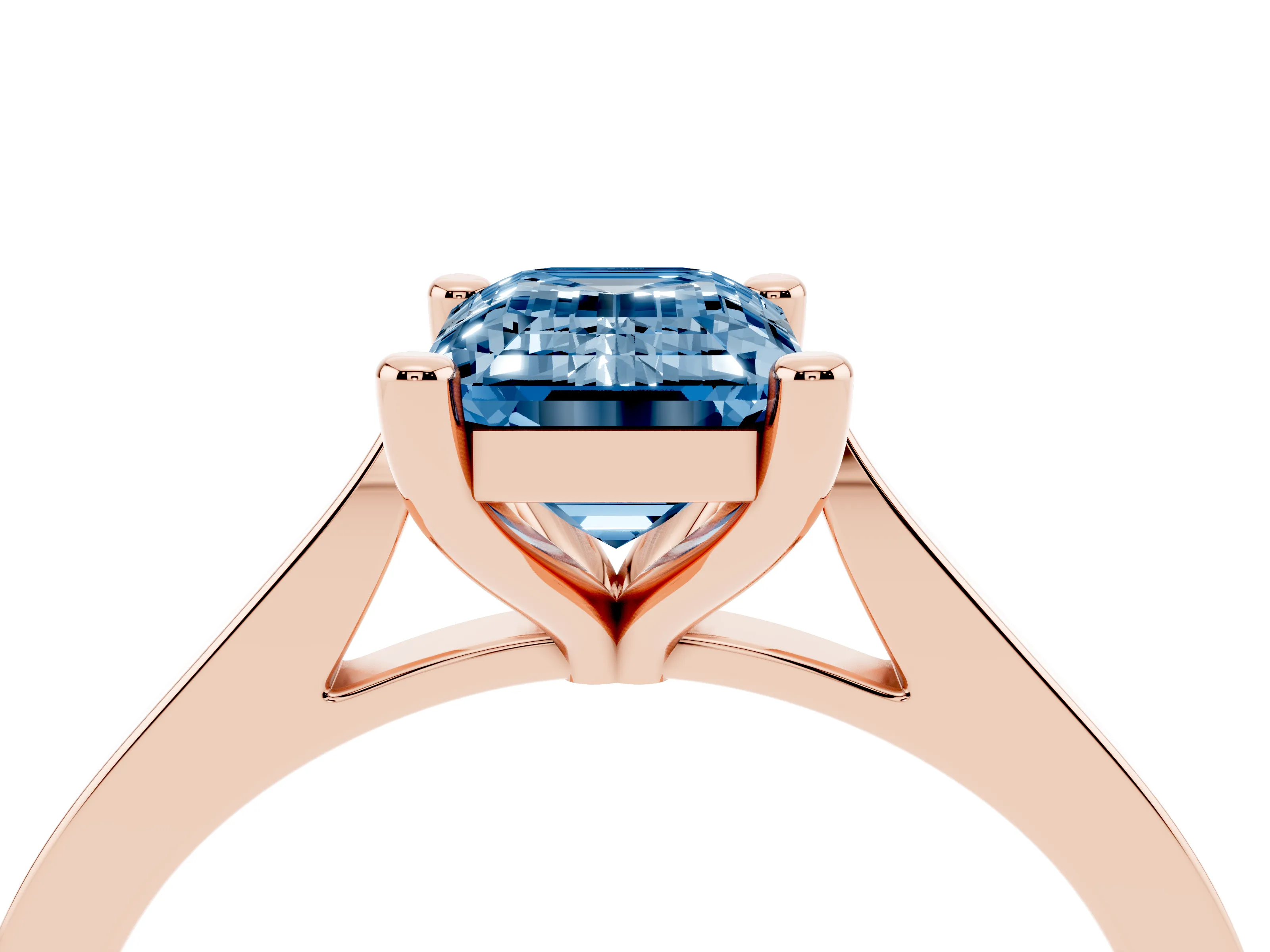 Fancy Blue Emerald Cut Diamond Solitaire Ring Set in Rose gold with Prong Setting and Tapered Band