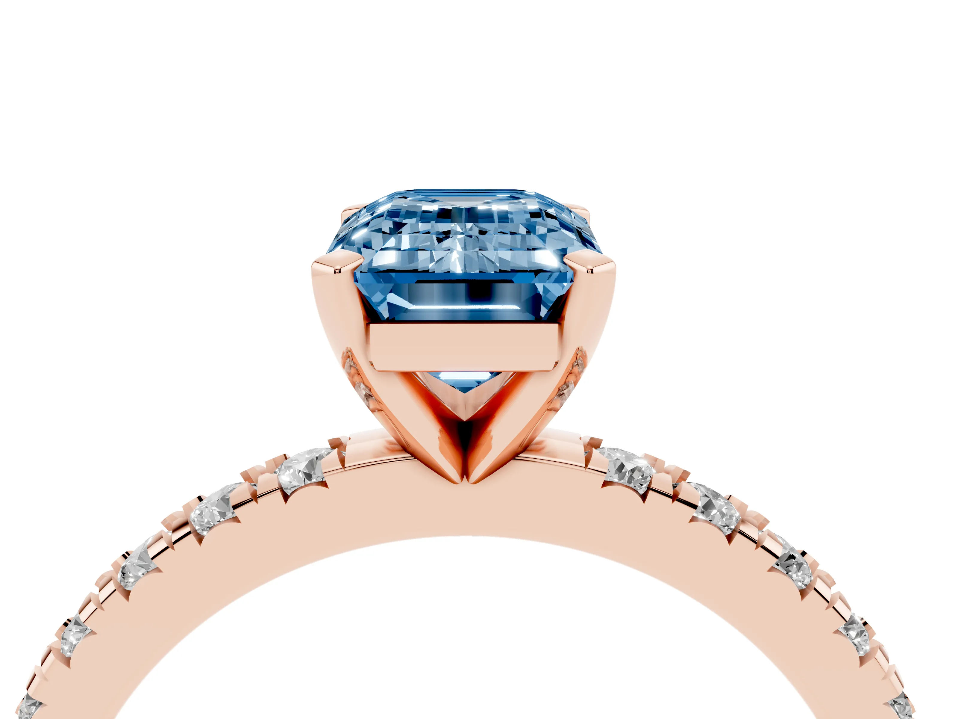 Fancy Blue Emerald Cut Diamond Pavé Band Solitaire Set in Rose gold with Prong Setting