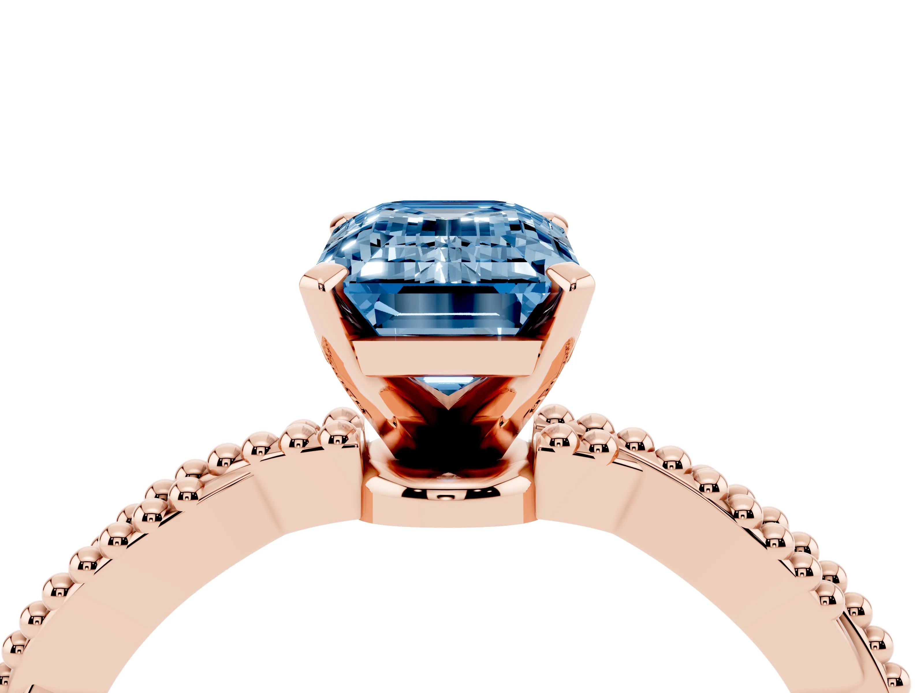 Fancy Blue Emerald Cut Diamond Solitaire Ring Set in Rose gold with Twisted Band and Bead Prong Setting