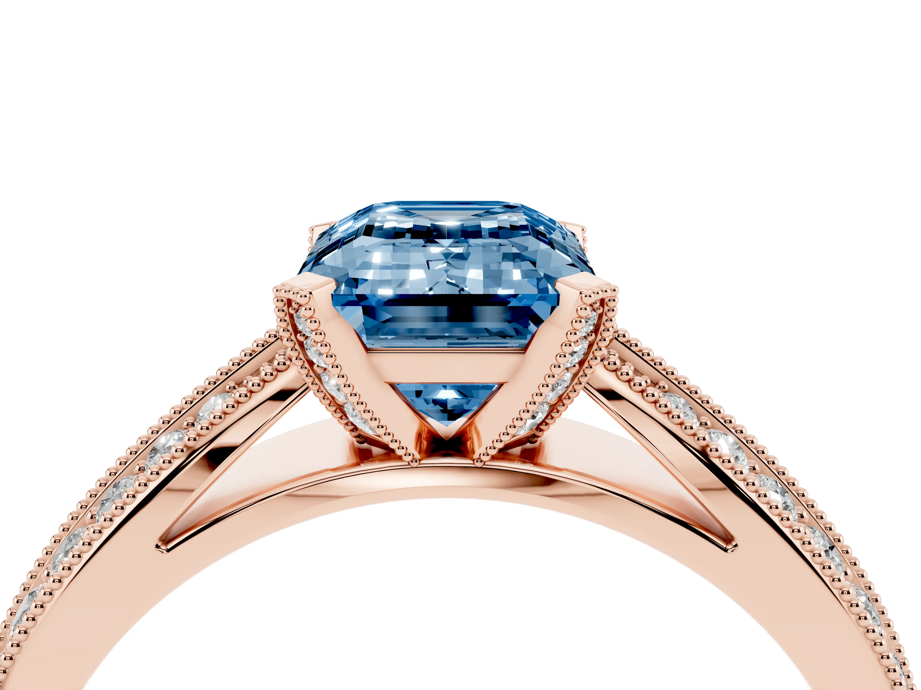 Fancy Blue Emerald Cut Diamond Solitaire Ring Set in Rose gold with Milgrain Double Row Round Pavé Band