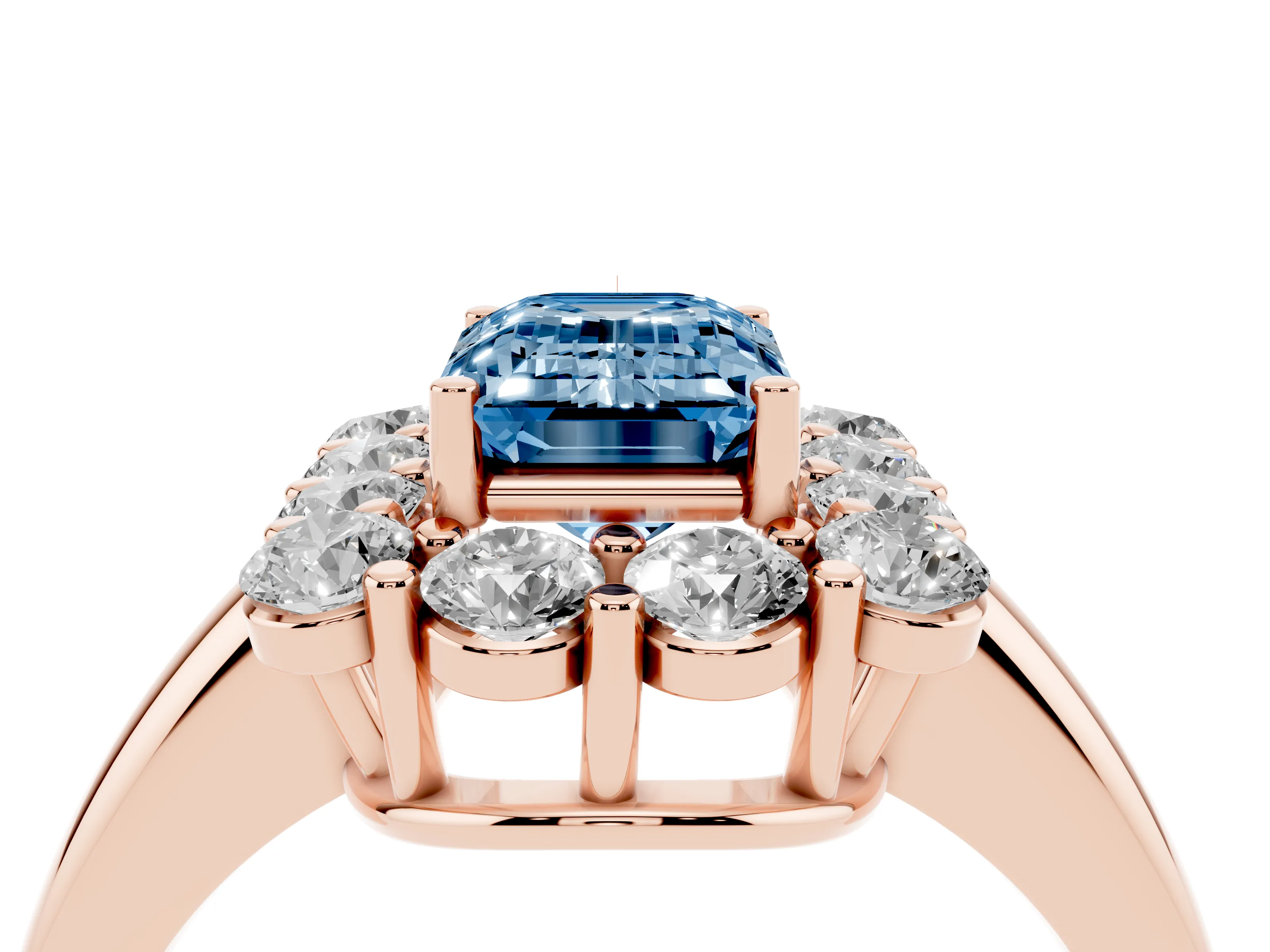 Fancy Blue Emerald Cut Diamond Halo Cluster Engagement Ring Set in Rose gold with Polished Band and Prong Setting