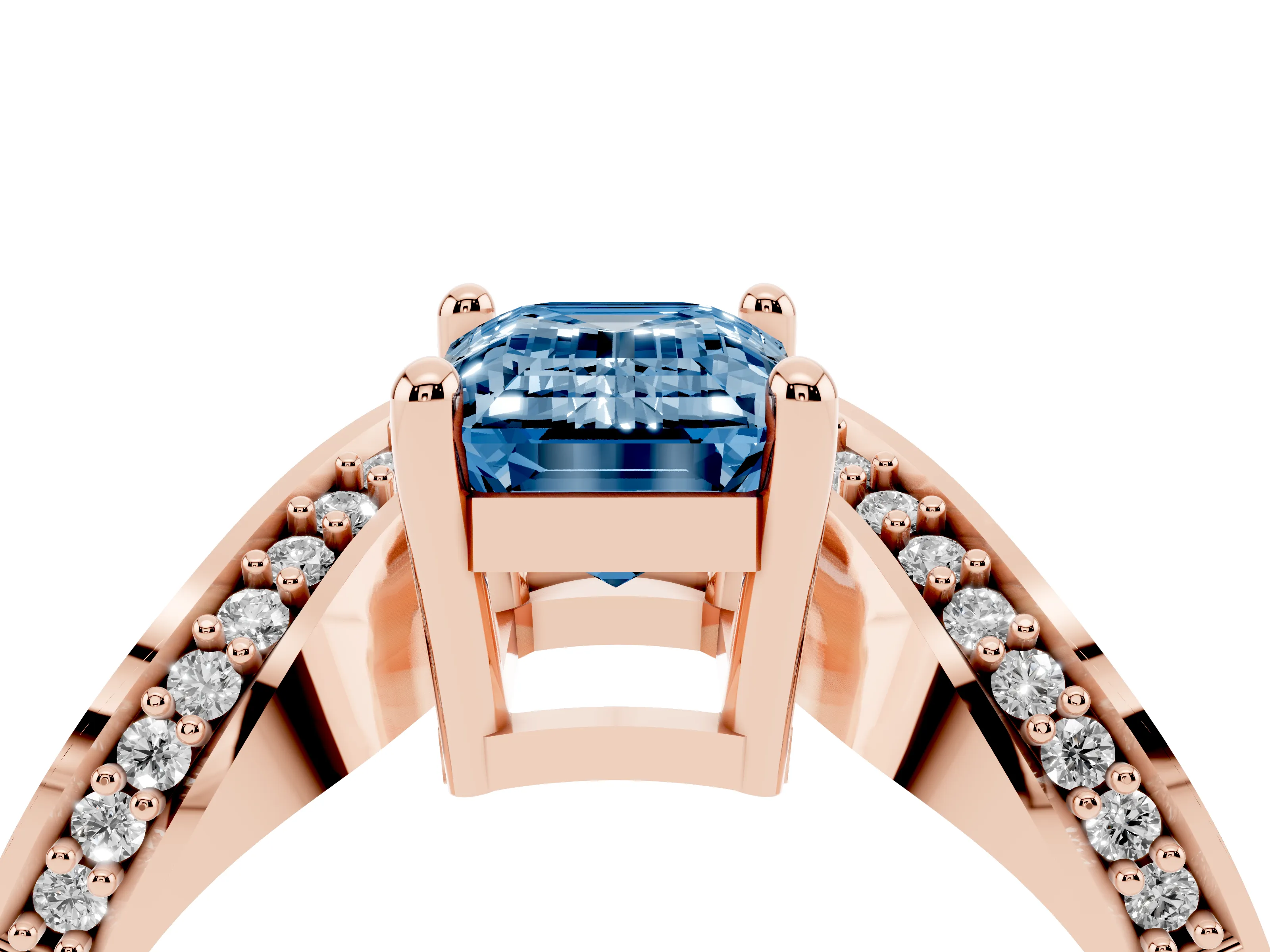 Fancy Blue Emerald Cut Diamond Solitaire Engagement Ring Set in Rose gold with Pavé Shoulders