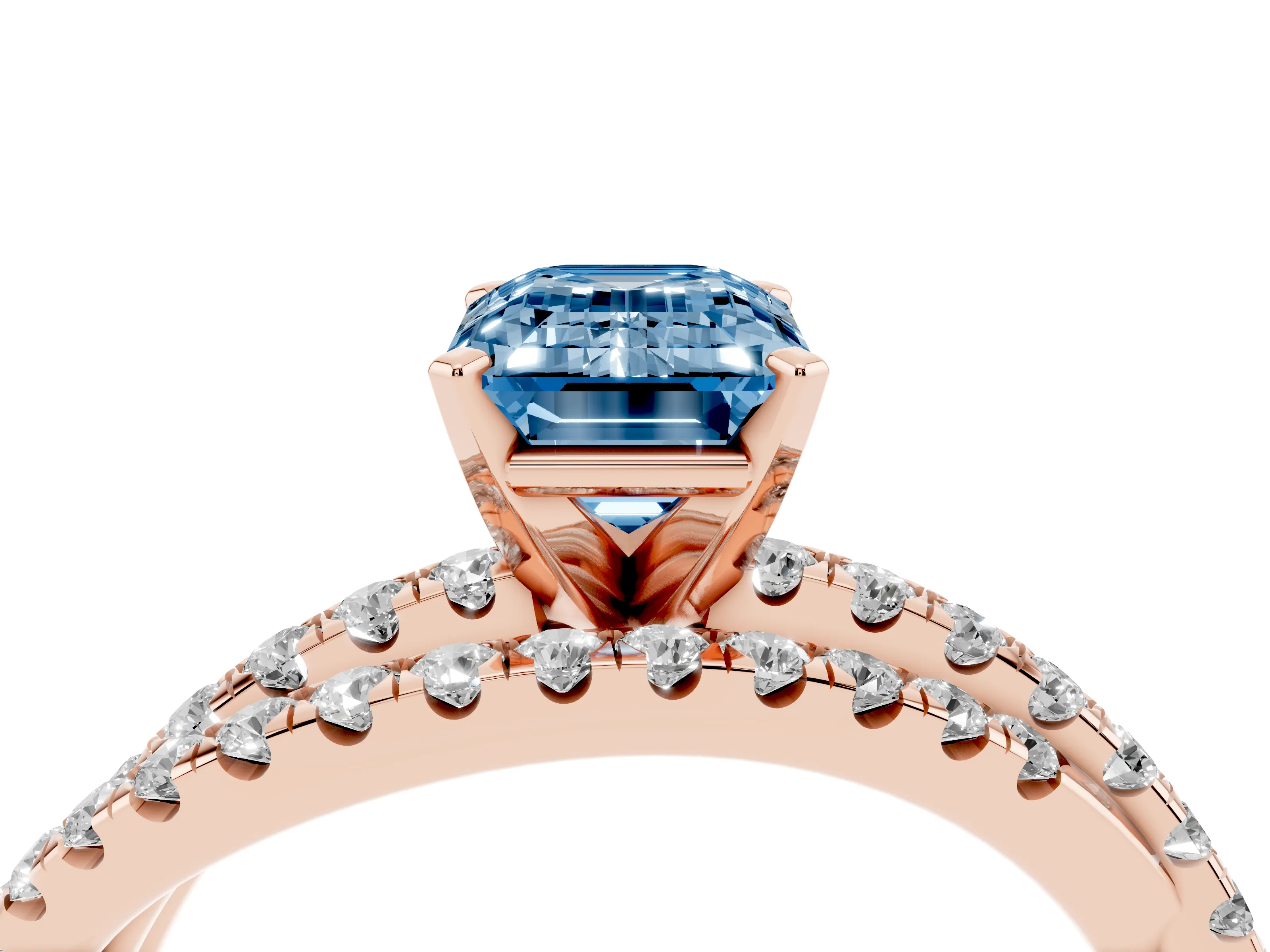 Fancy Blue Emerald Cut Diamond Solitaire Twist Band Ring Set in Rose gold with Pavé Setting and Prong Head