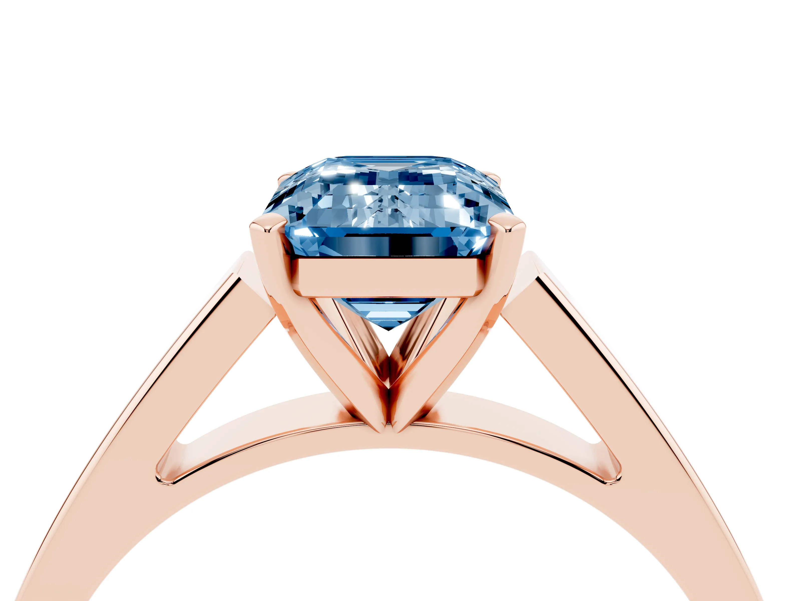Fancy Blue Emerald Cut Diamond Solitaire Engagement Ring Set in Rose gold with Prong Setting and Tapered Band