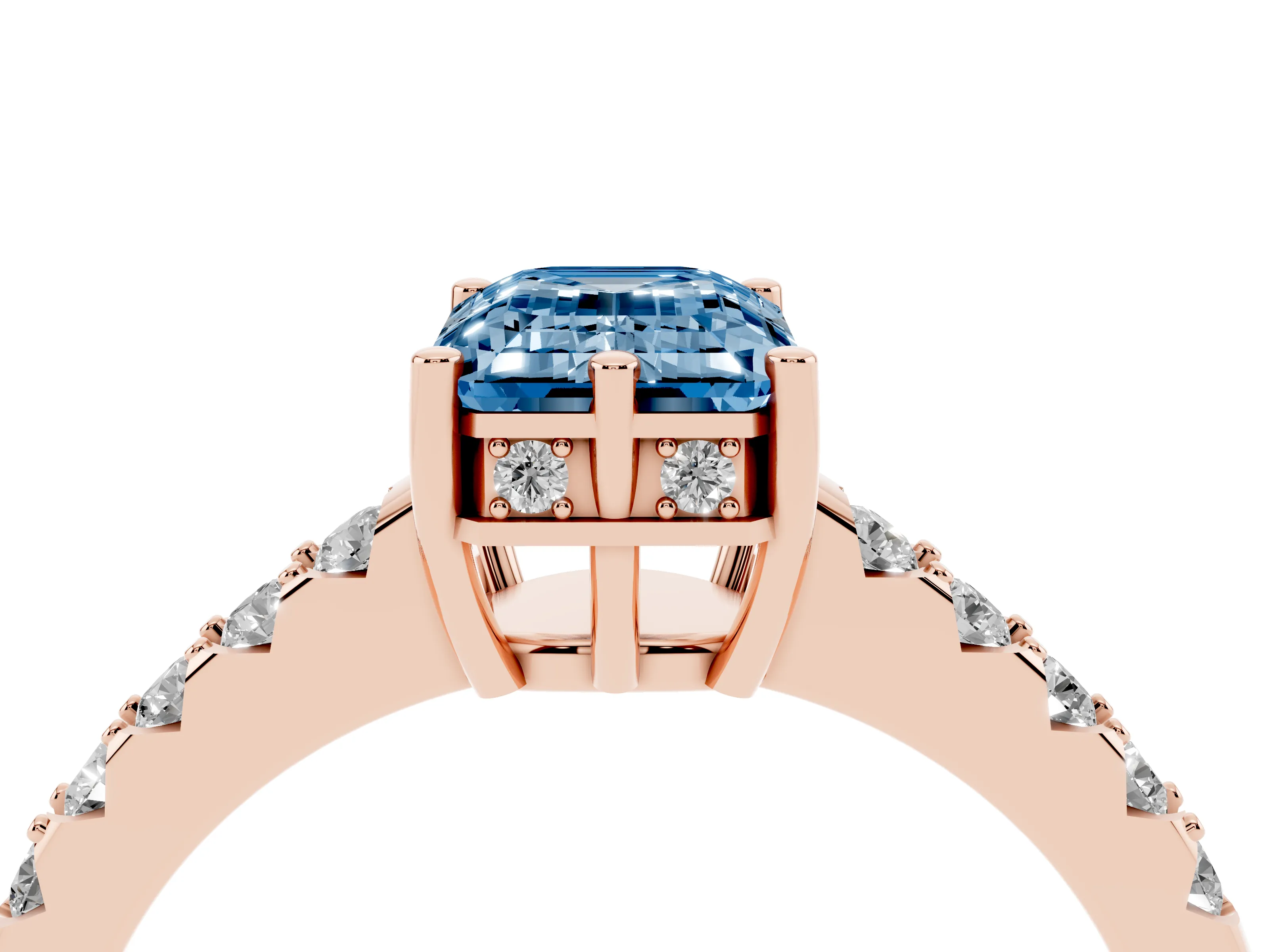 Fancy Blue Emerald Cut Diamond Solitaire Engagement Ring Set in Rose gold with Pavé Band and Prong Setting