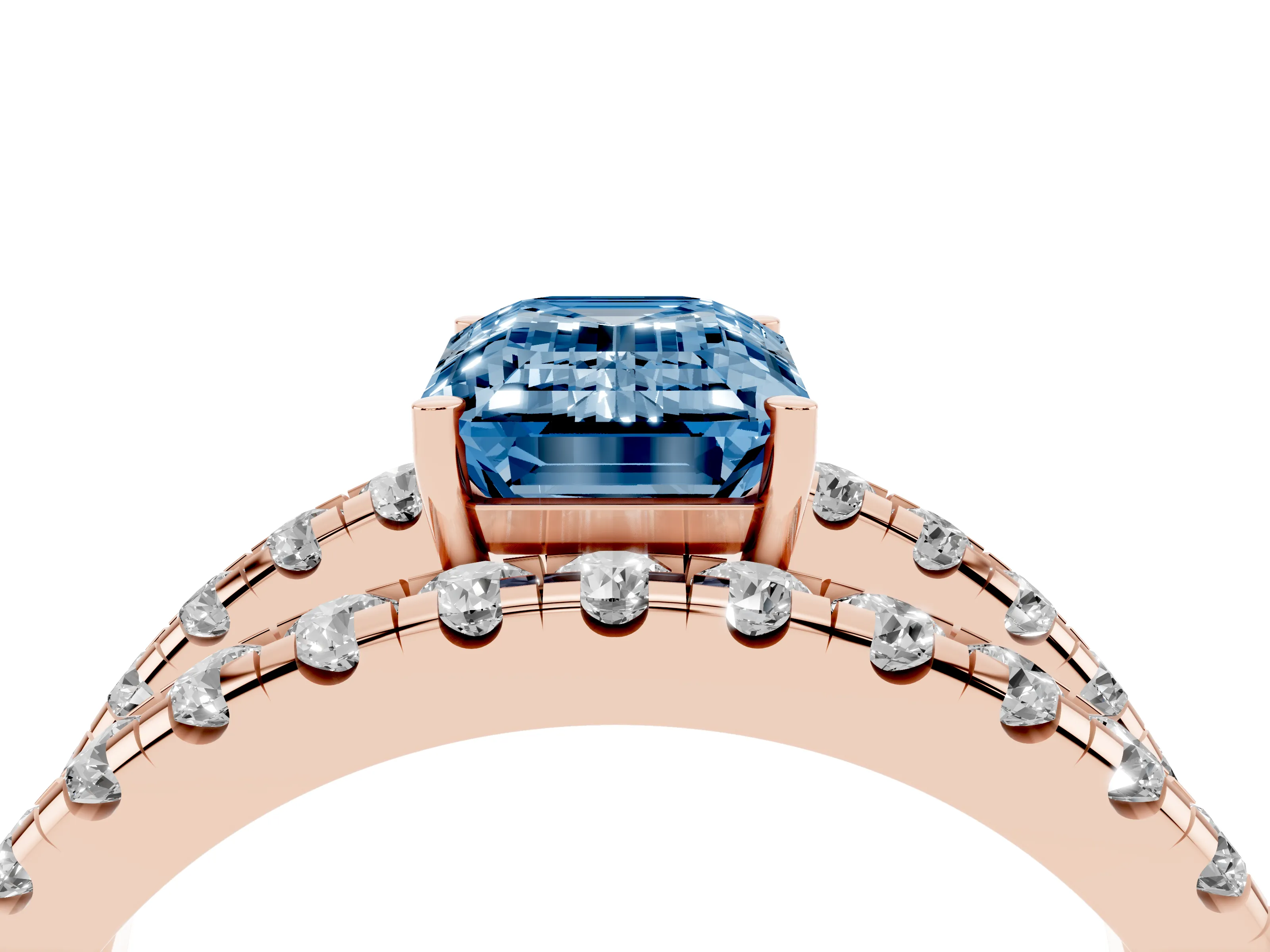 Fancy Blue Emerald Cut Diamond Split Shank Pavé Solitaire Ring Set in Rose gold with Open Shank Design