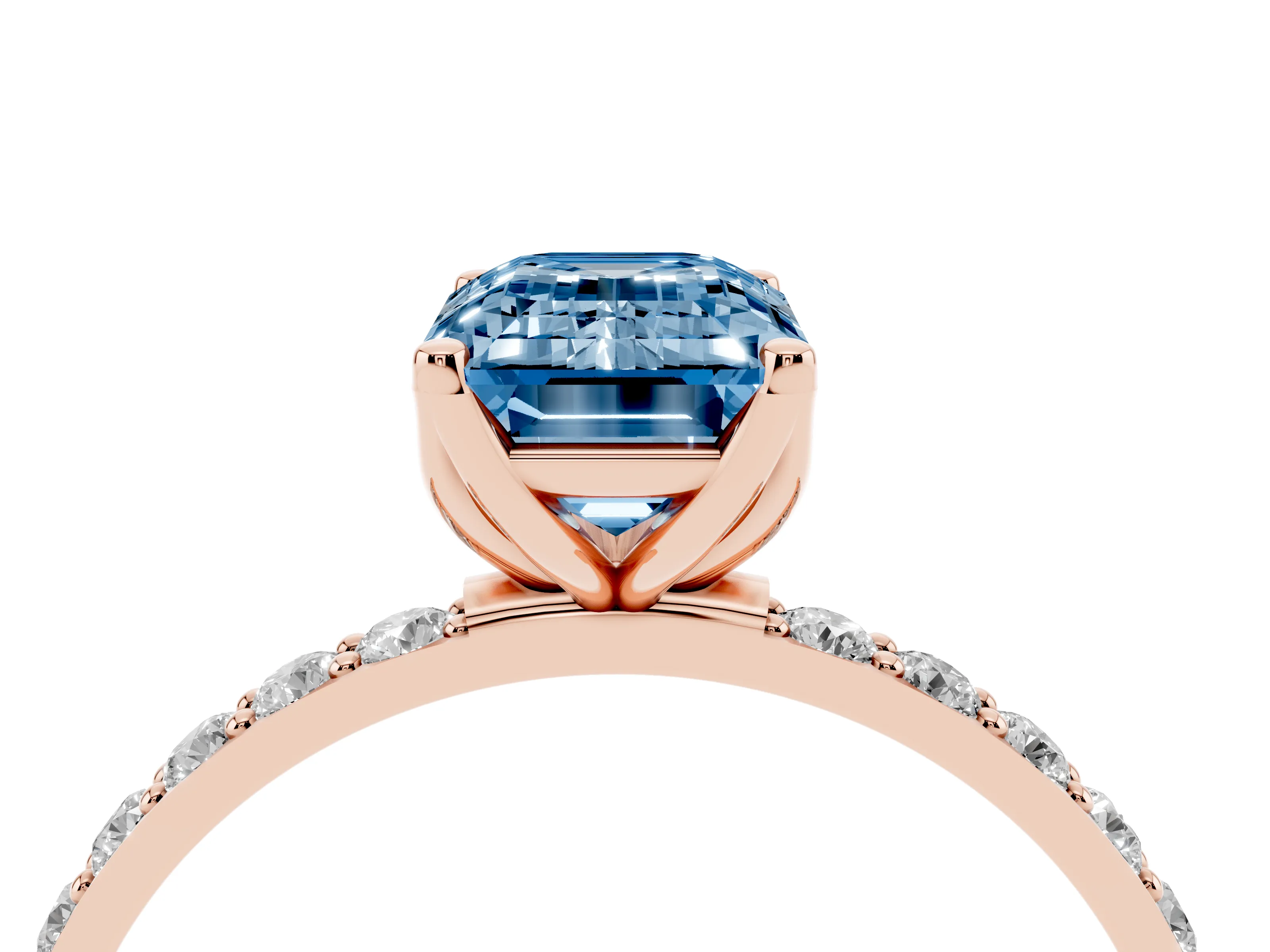 Fancy Blue Emerald Cut Diamond Solitaire Engagement Ring Set in Rose gold with Round Pavé Band and Prong Setting