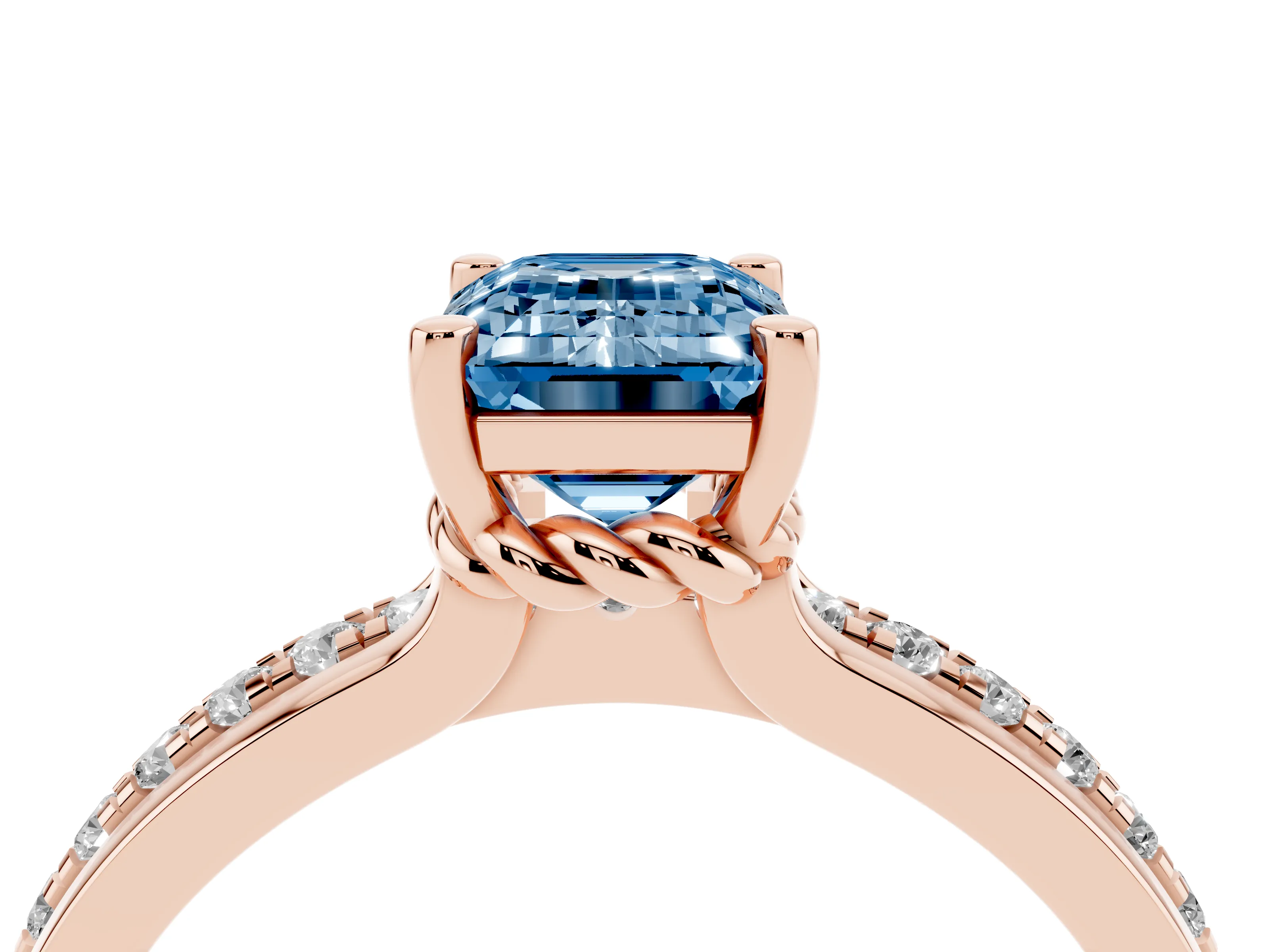Fancy Blue Emerald Cut Diamond Solitaire Ring Set in Rose gold with Channel Set Band and Prong Setting