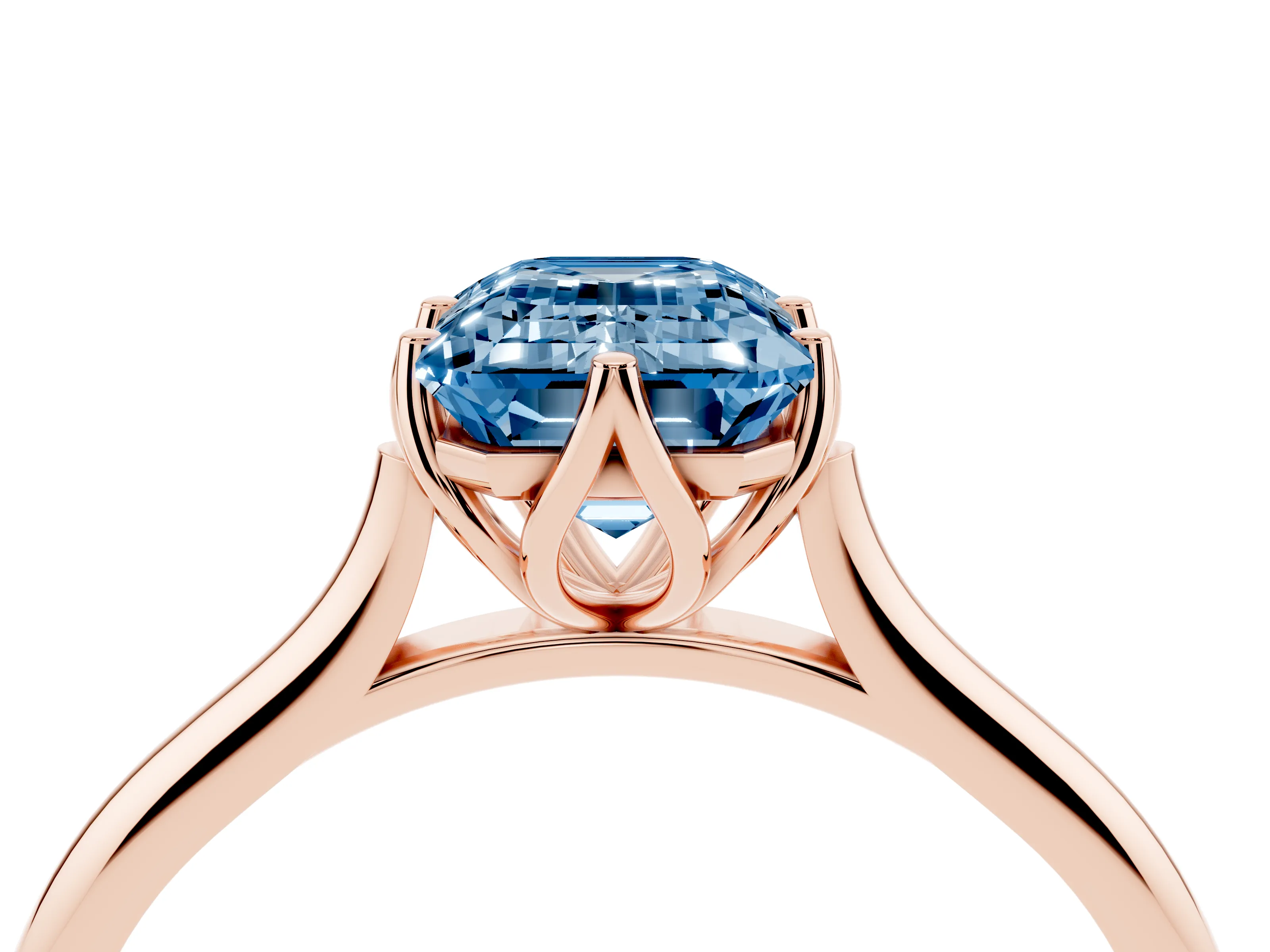 Fancy Blue Emerald Cut Diamond Solitaire Cathedral Ring Set in Rose gold with Prong Setting
