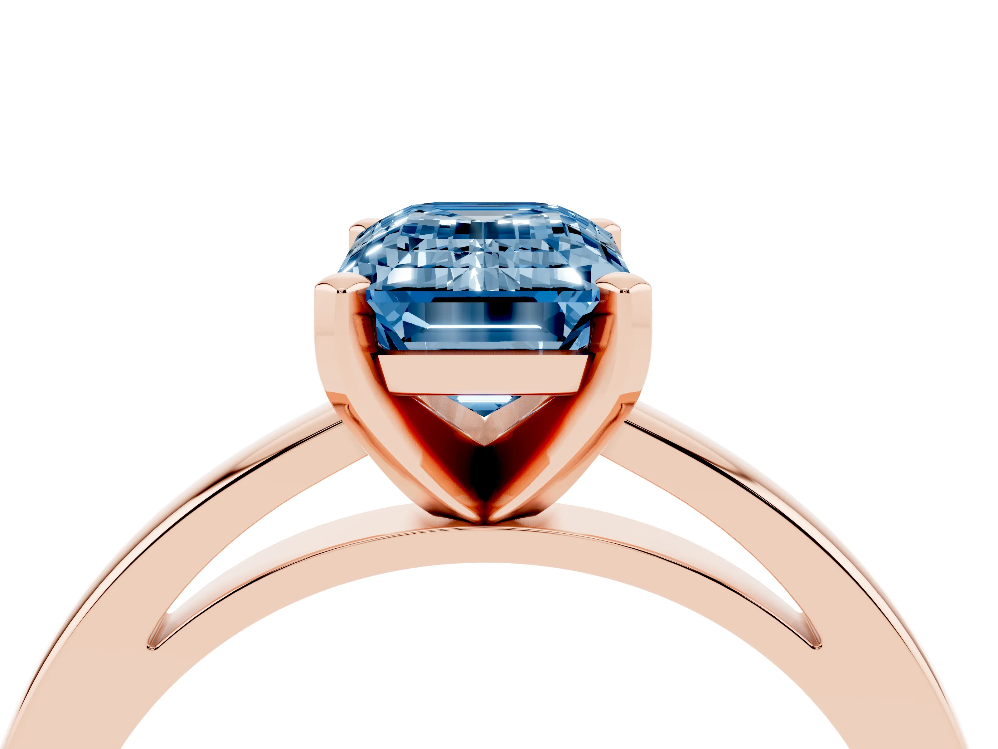 Fancy Blue Emerald Cut Diamond Solitaire Engagement Ring Set in Rose gold with Prong Setting on a Classic Band